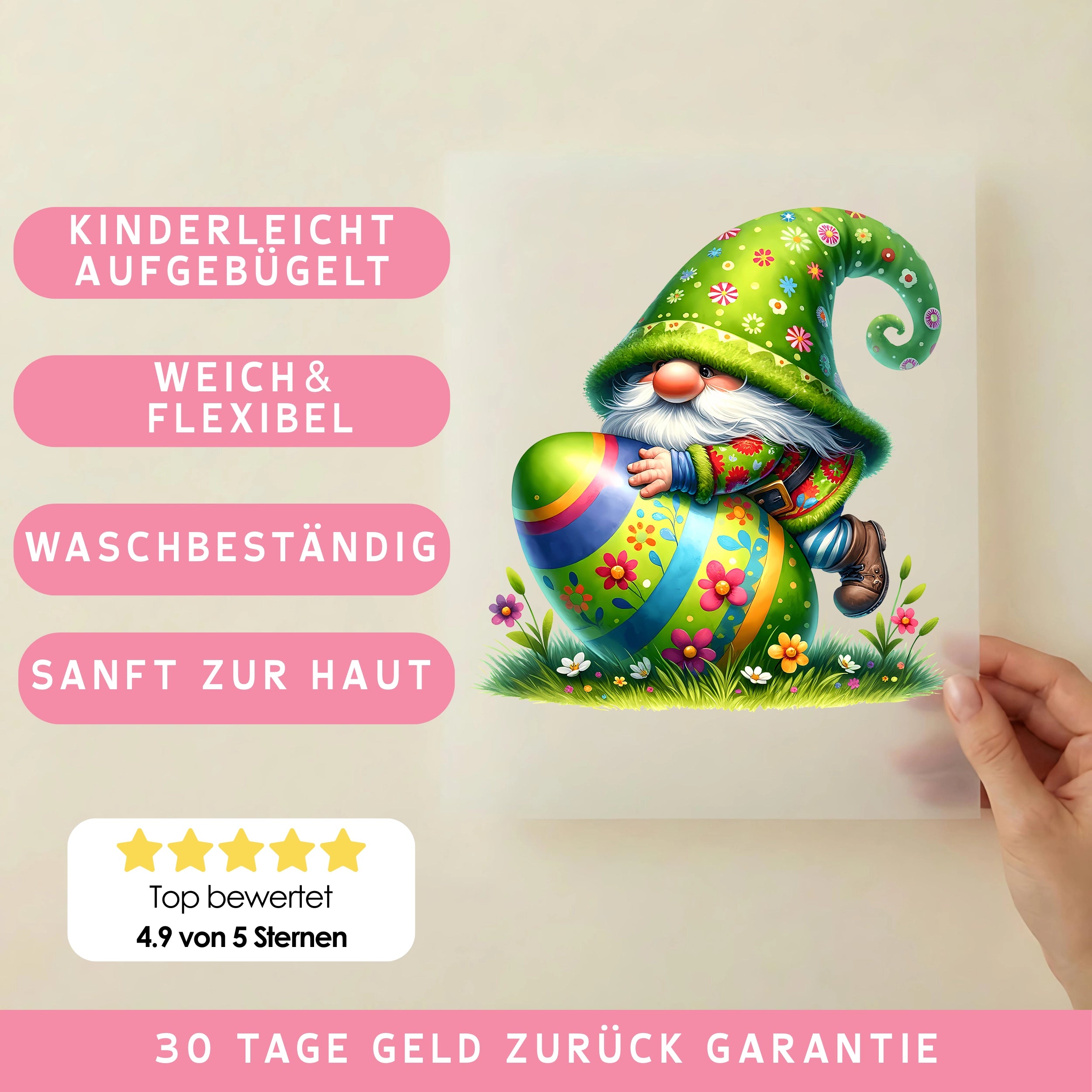 Bügelbild Ostern Wichtel mit Riesenei