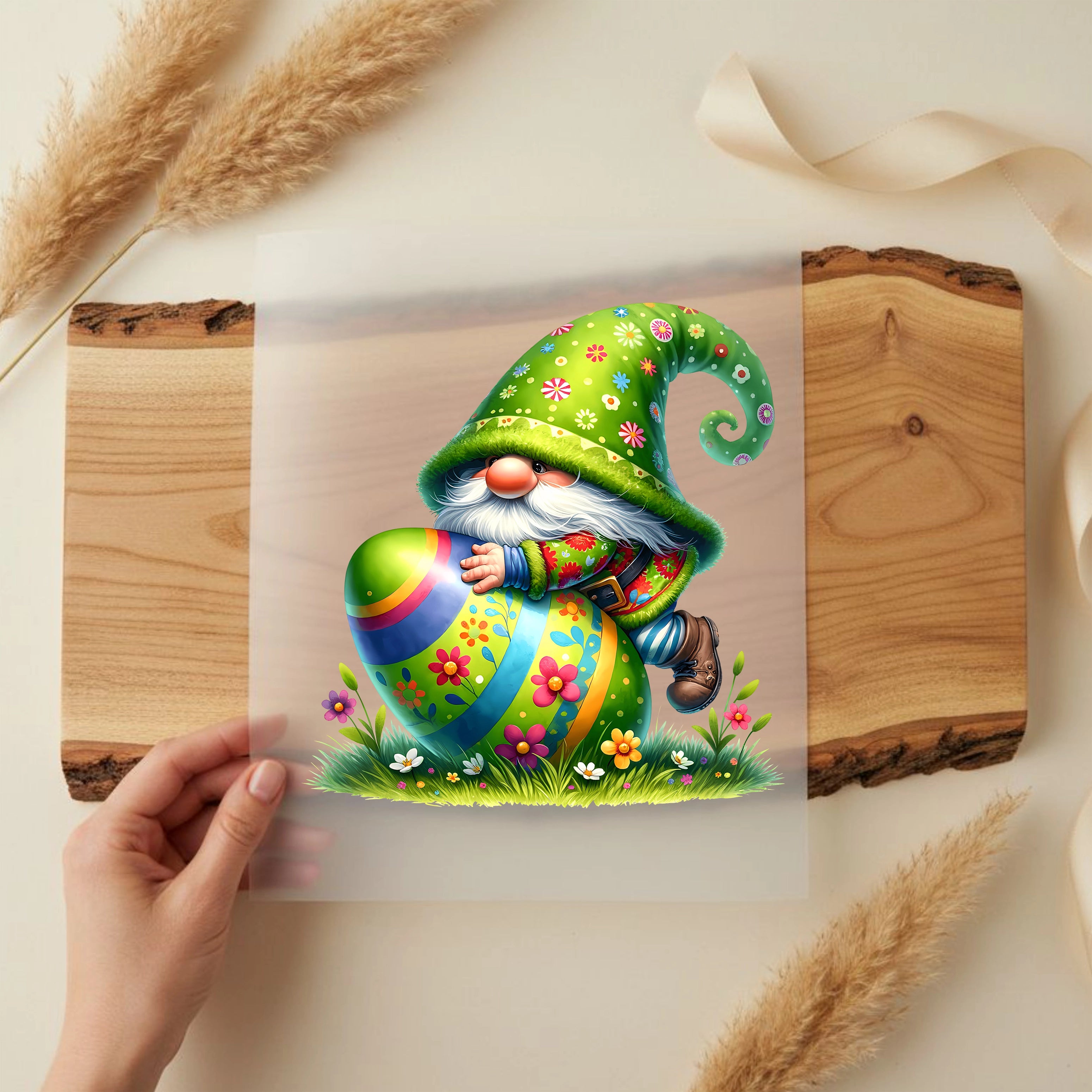 Bügelbild Ostern Wichtel mit Riesenei