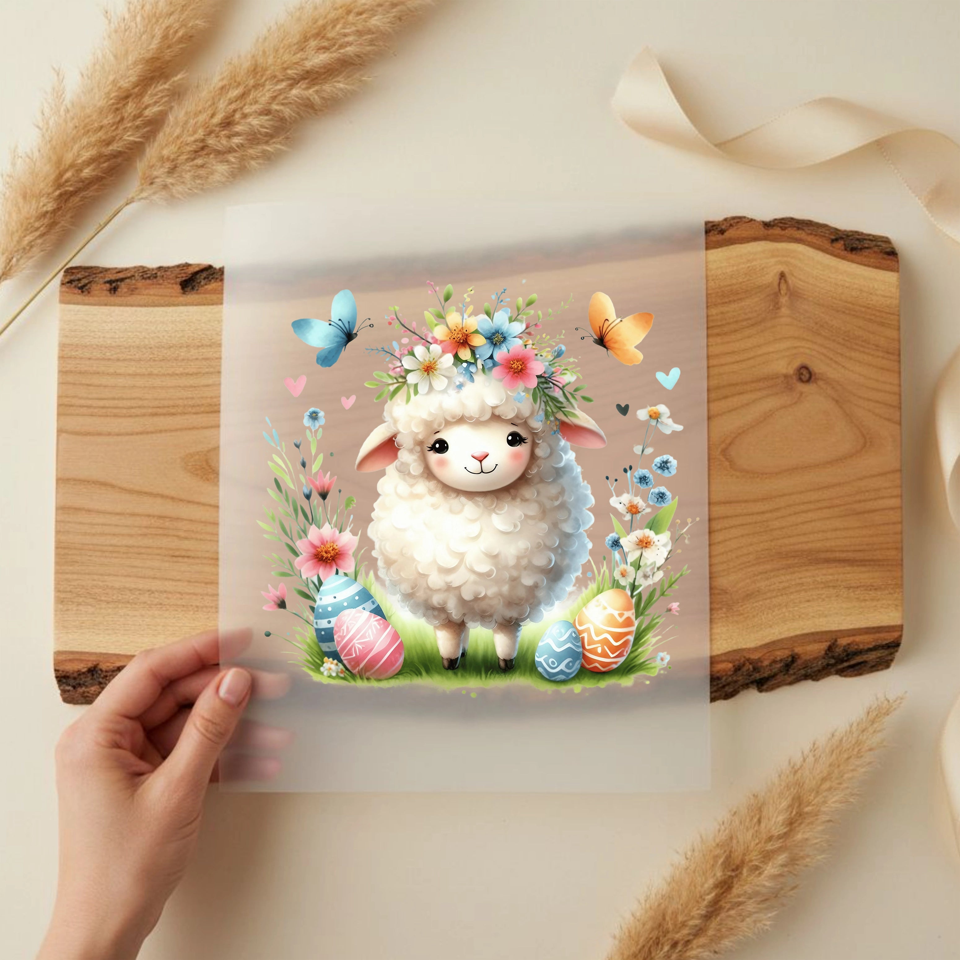 Bügelbild Schäfchen mit Ostereiern