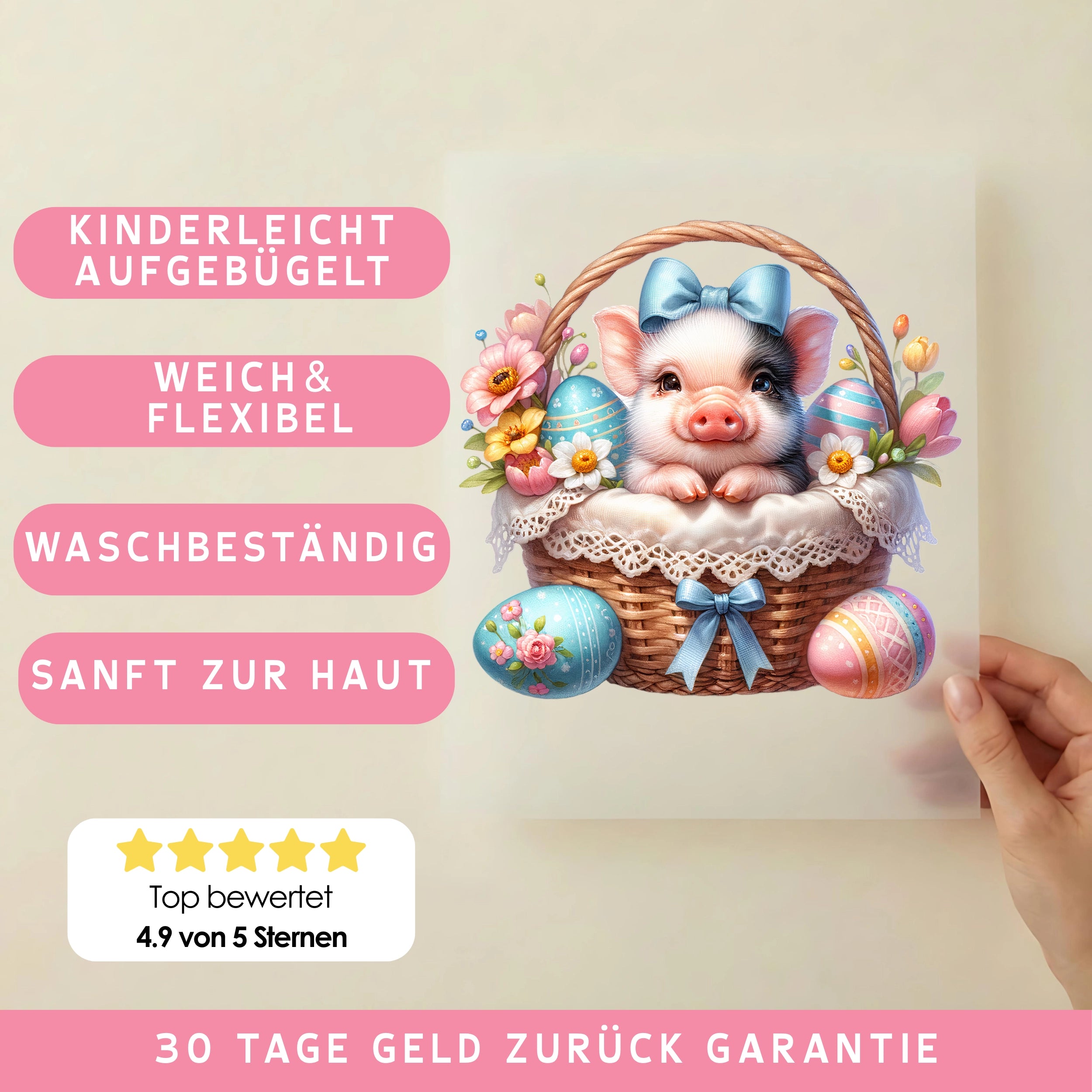 Bügelbild Schweinchen im Osterkörbchen