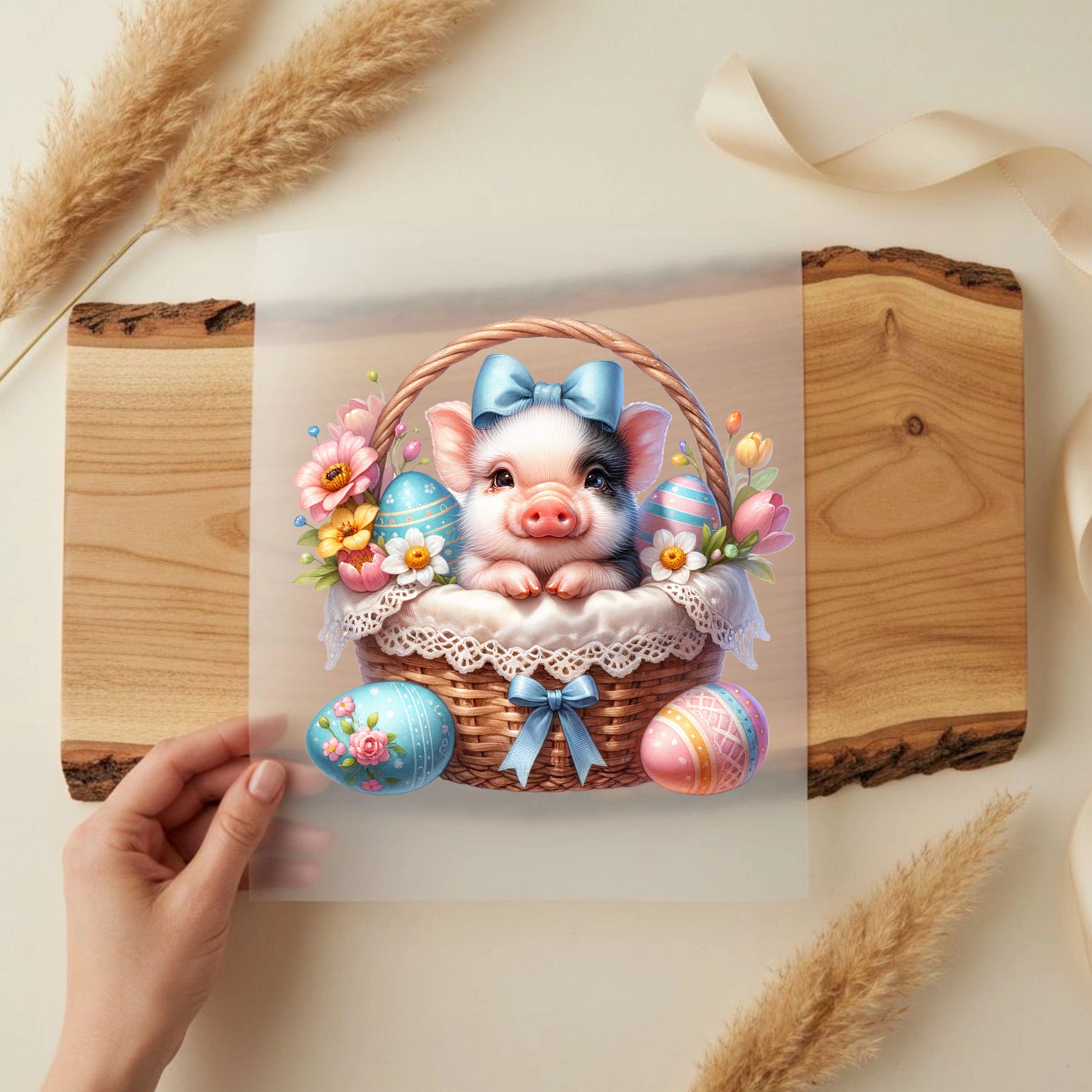 Bügelbild Schweinchen im Osterkörbchen