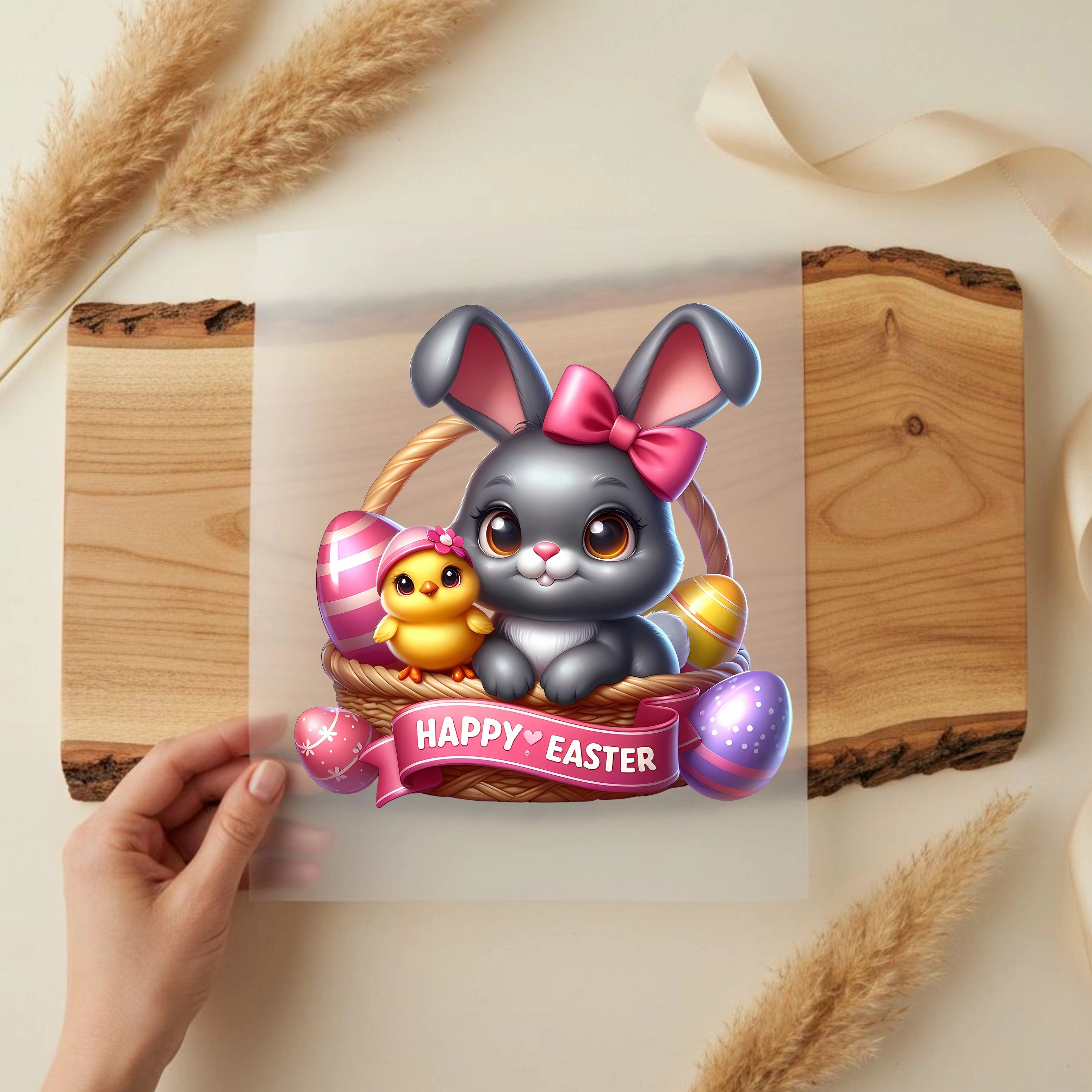 Bügelbild Happy Easter Hase & Küken