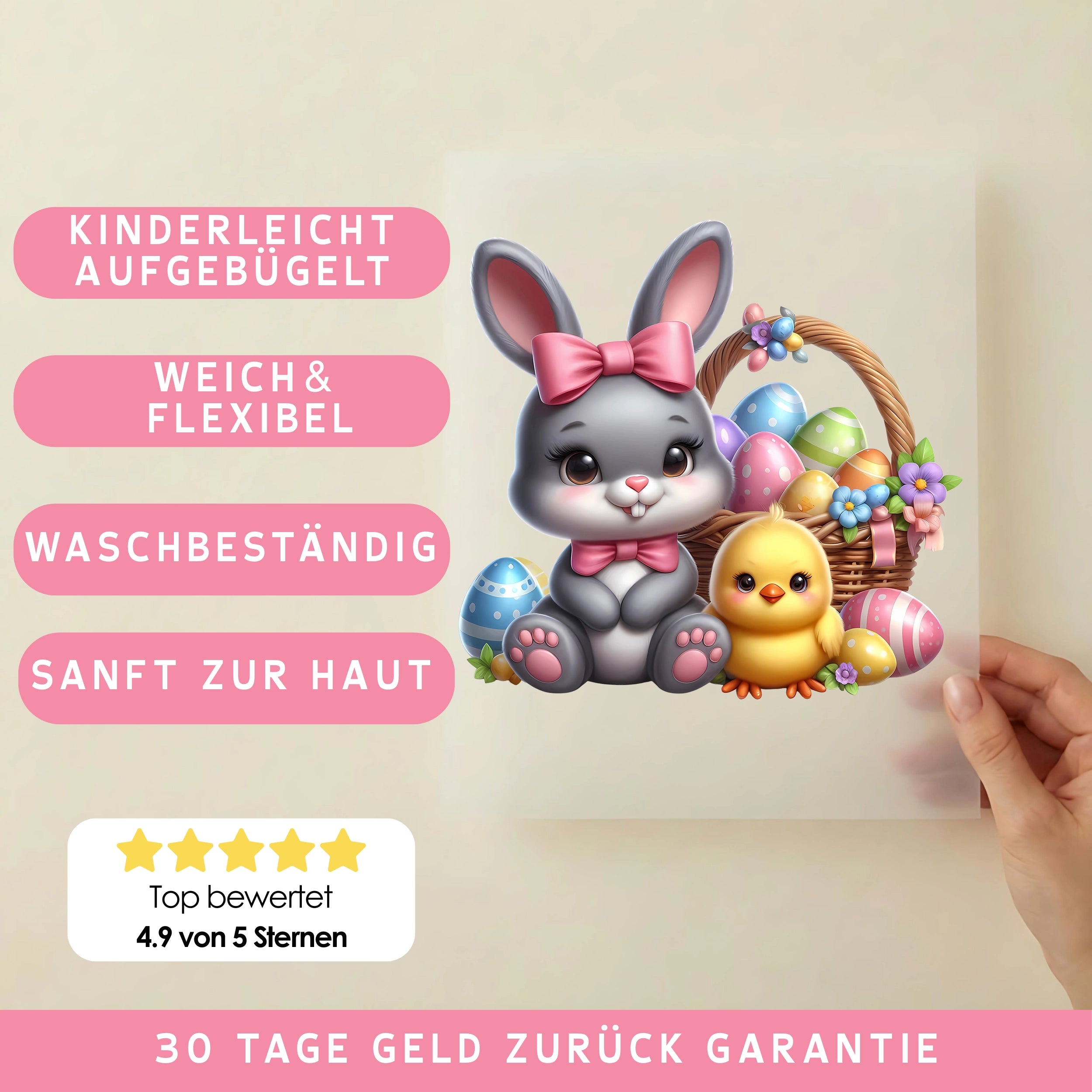 Bügelbild Häschen mit Eierkorb und Küken