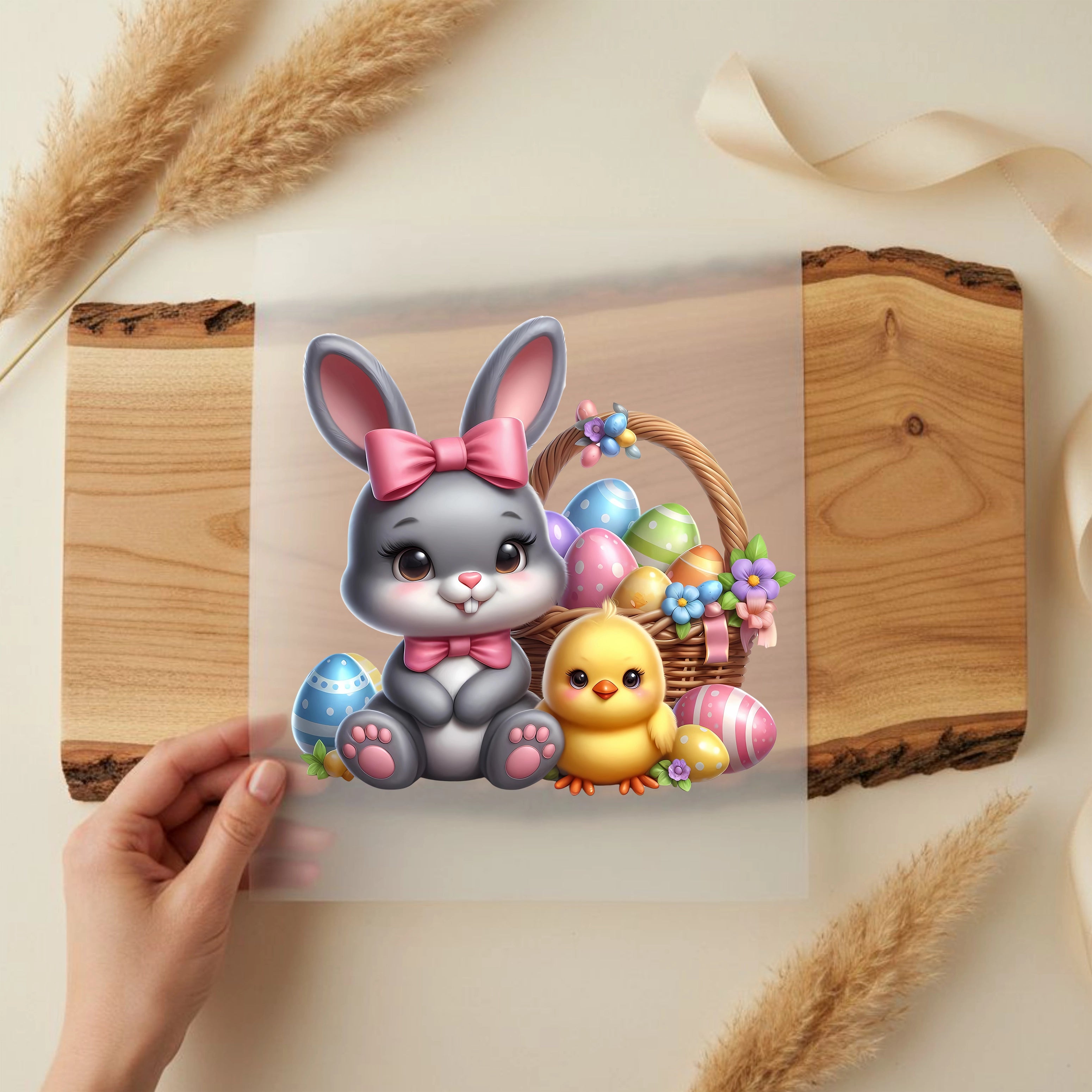 Bügelbild Häschen mit Eierkorb und Küken
