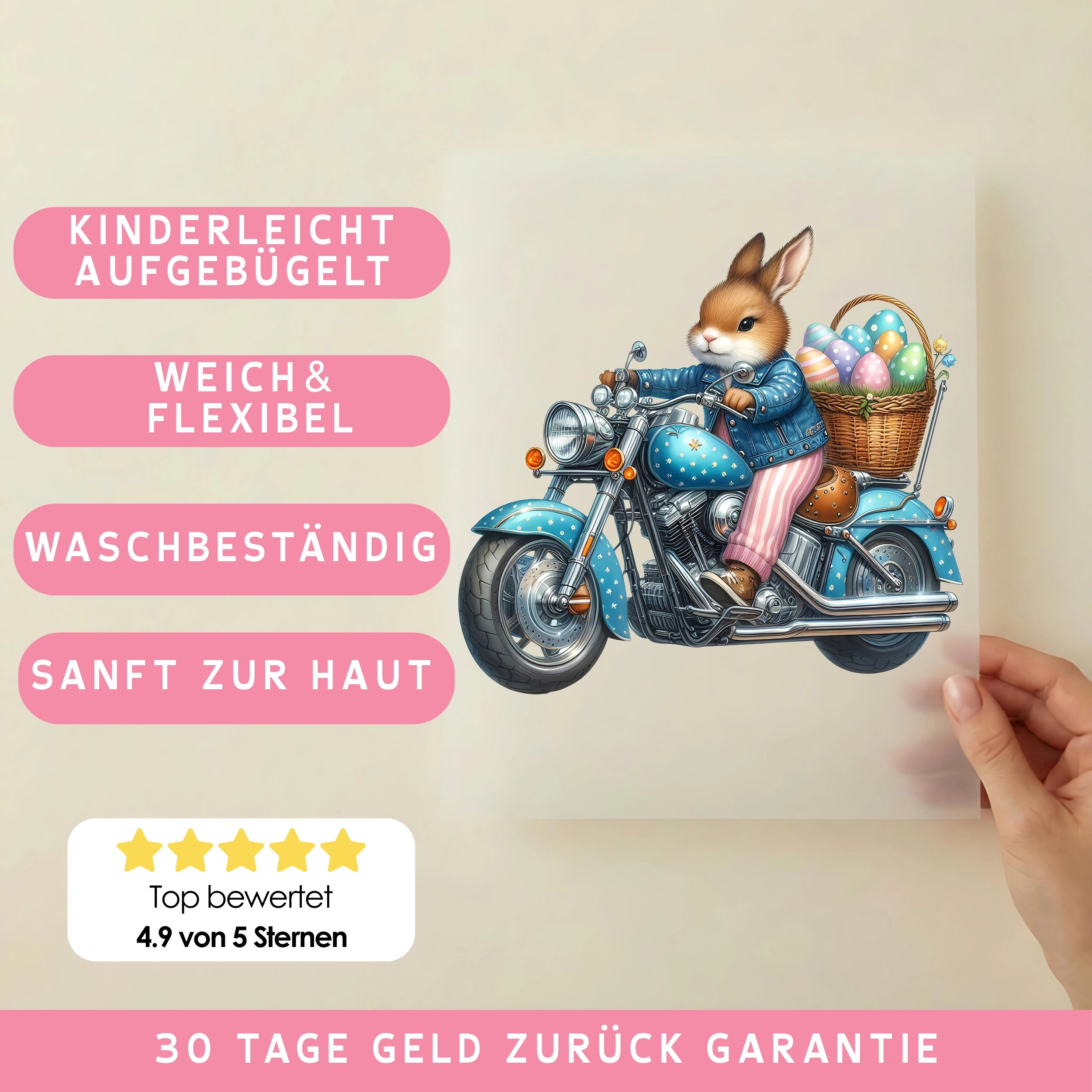 Bügelbild Hase Biker Bunny Frühlingstour