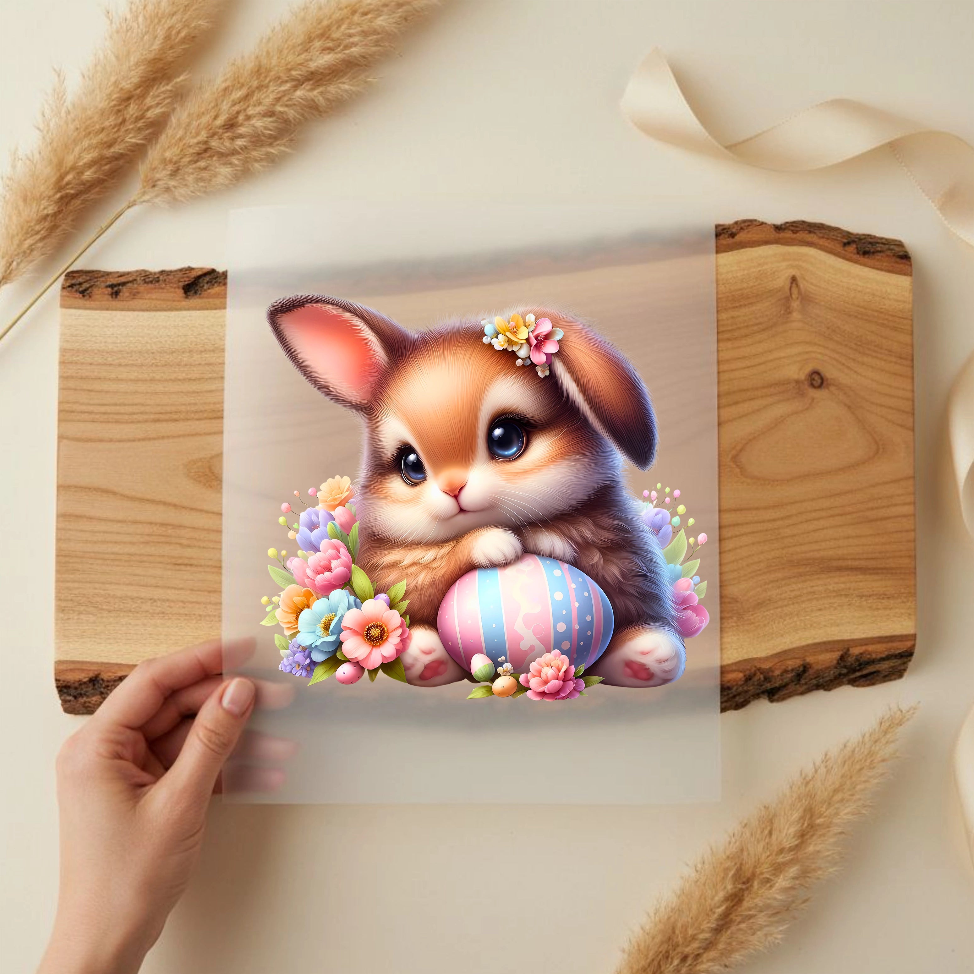 Bügelbild Hase Emilia mit Osterei