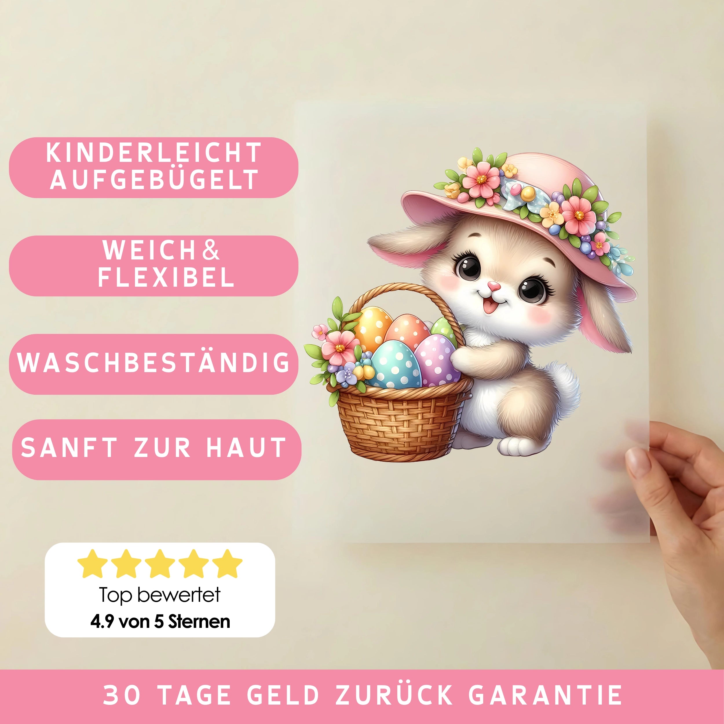 Bügelbild Hase mit Eierkörbchen