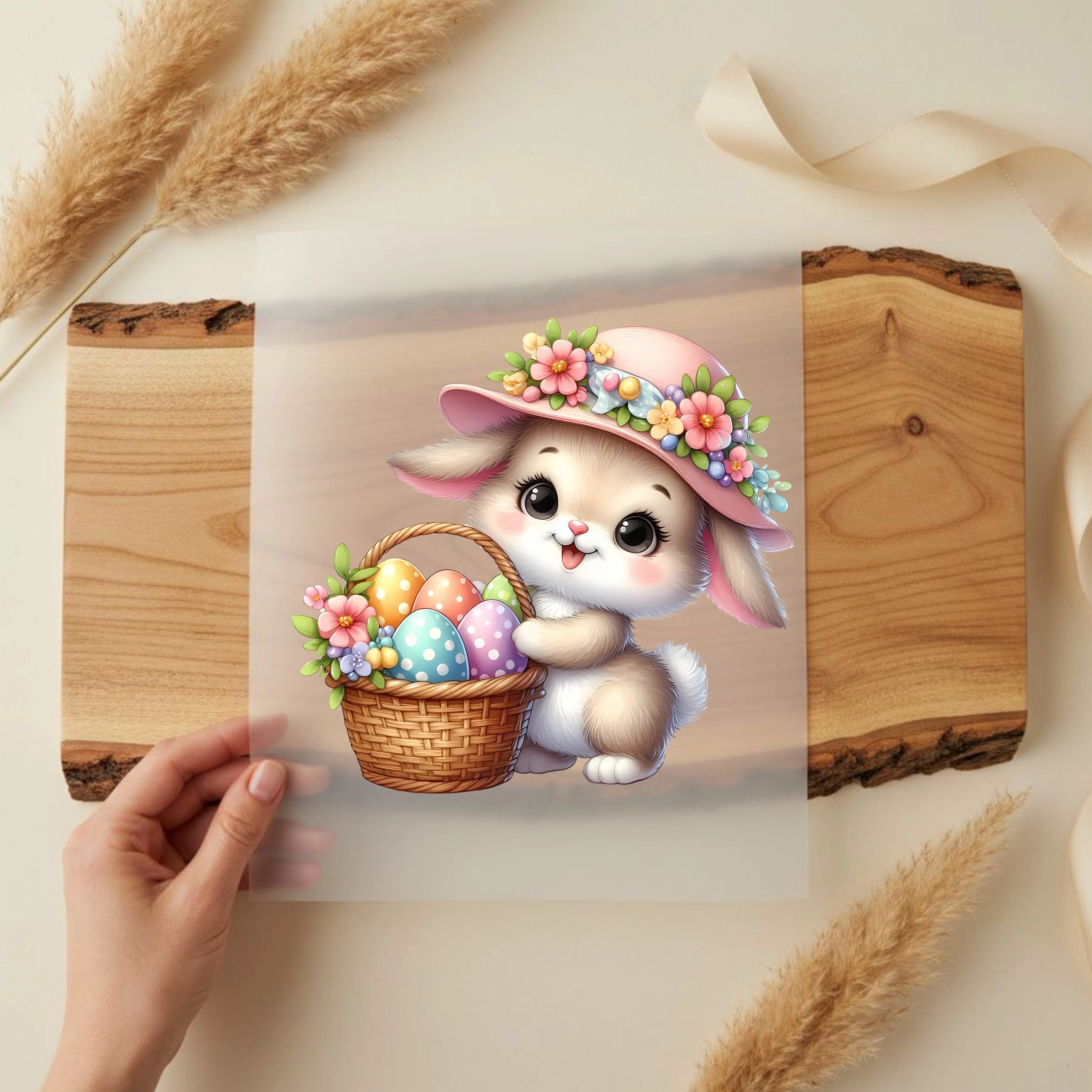 Bügelbild Hase mit Eierkörbchen