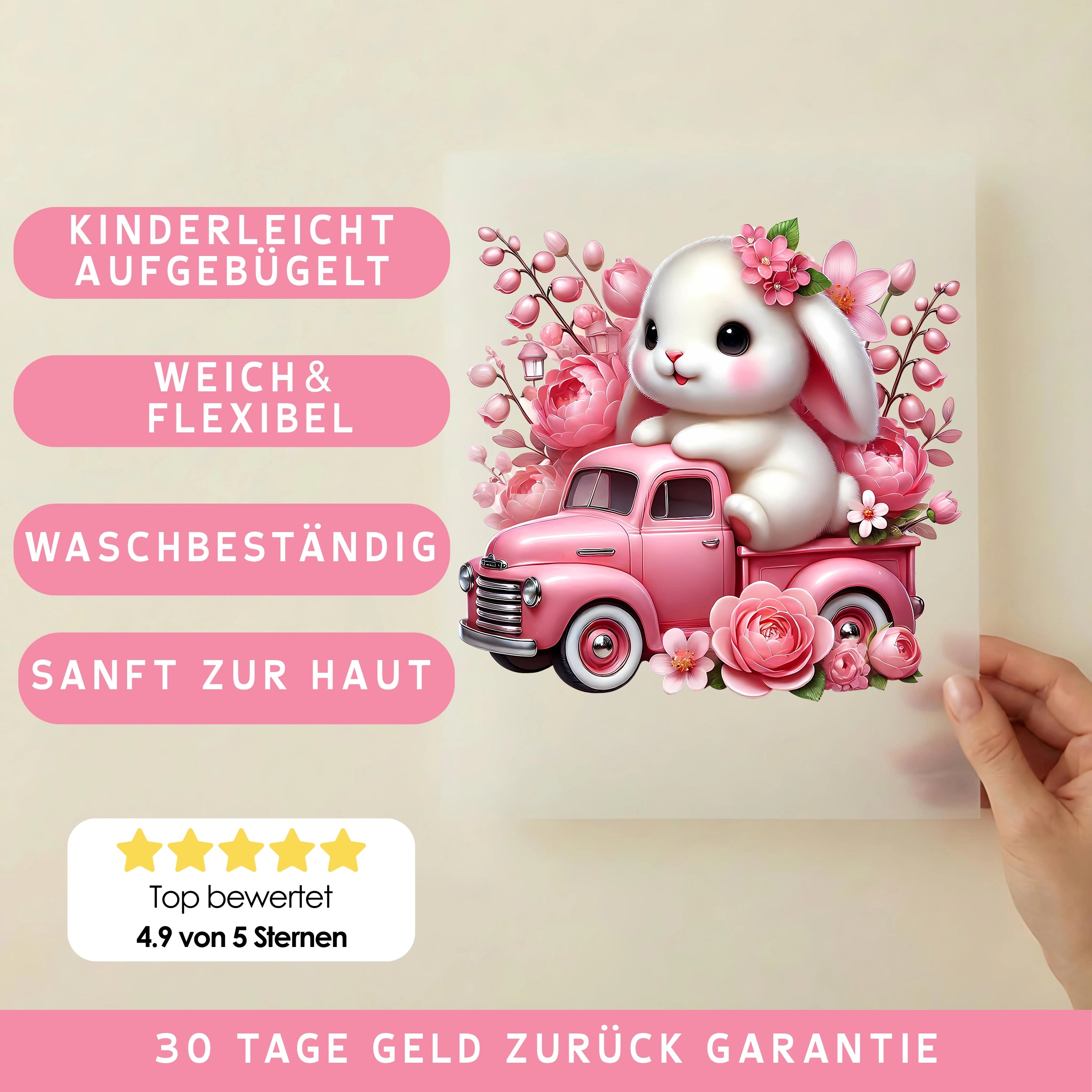 Bügelbild Hase Pickup Bunny Rosentraum
