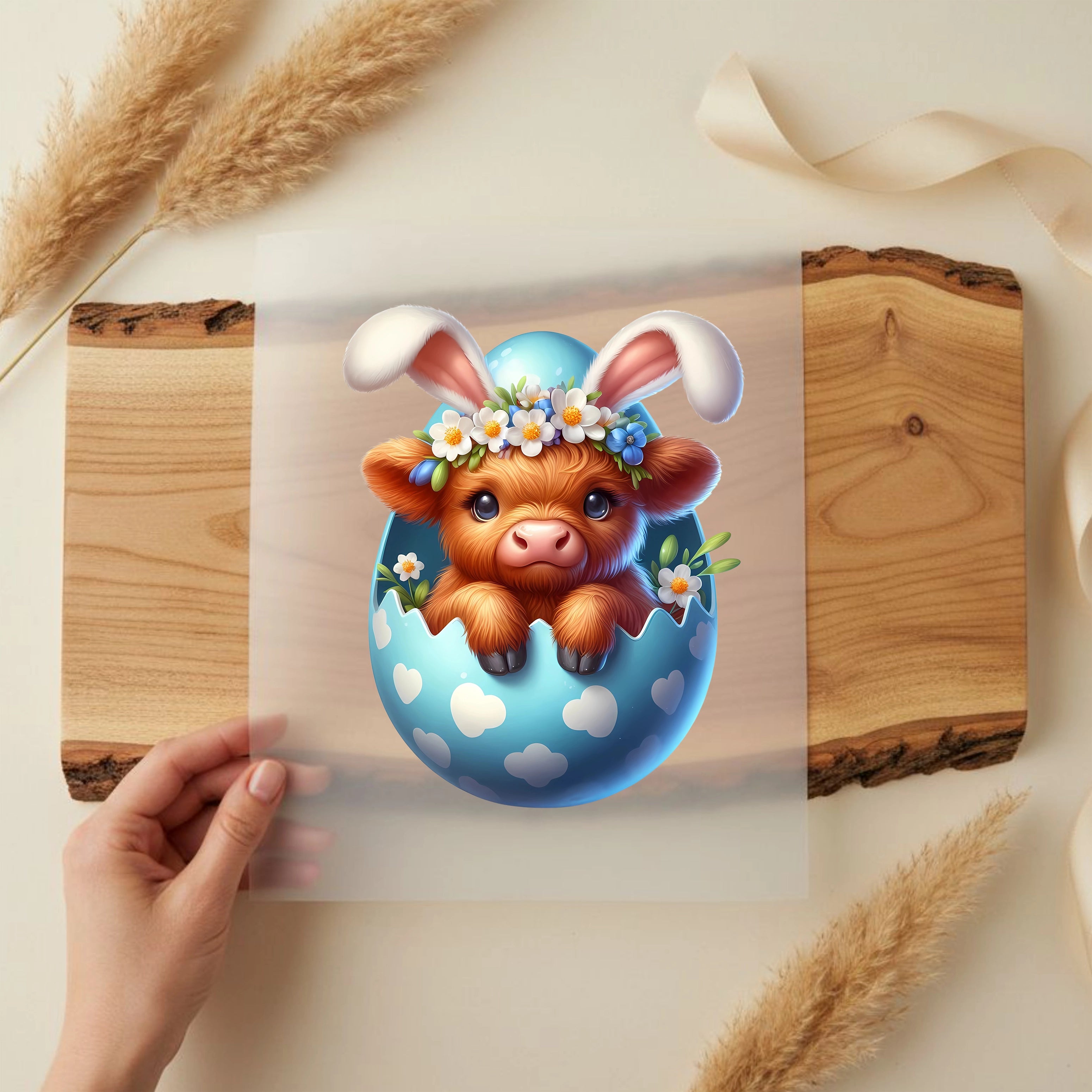 Bügelbild Hochkandkuh Wiesenbaby im Ei