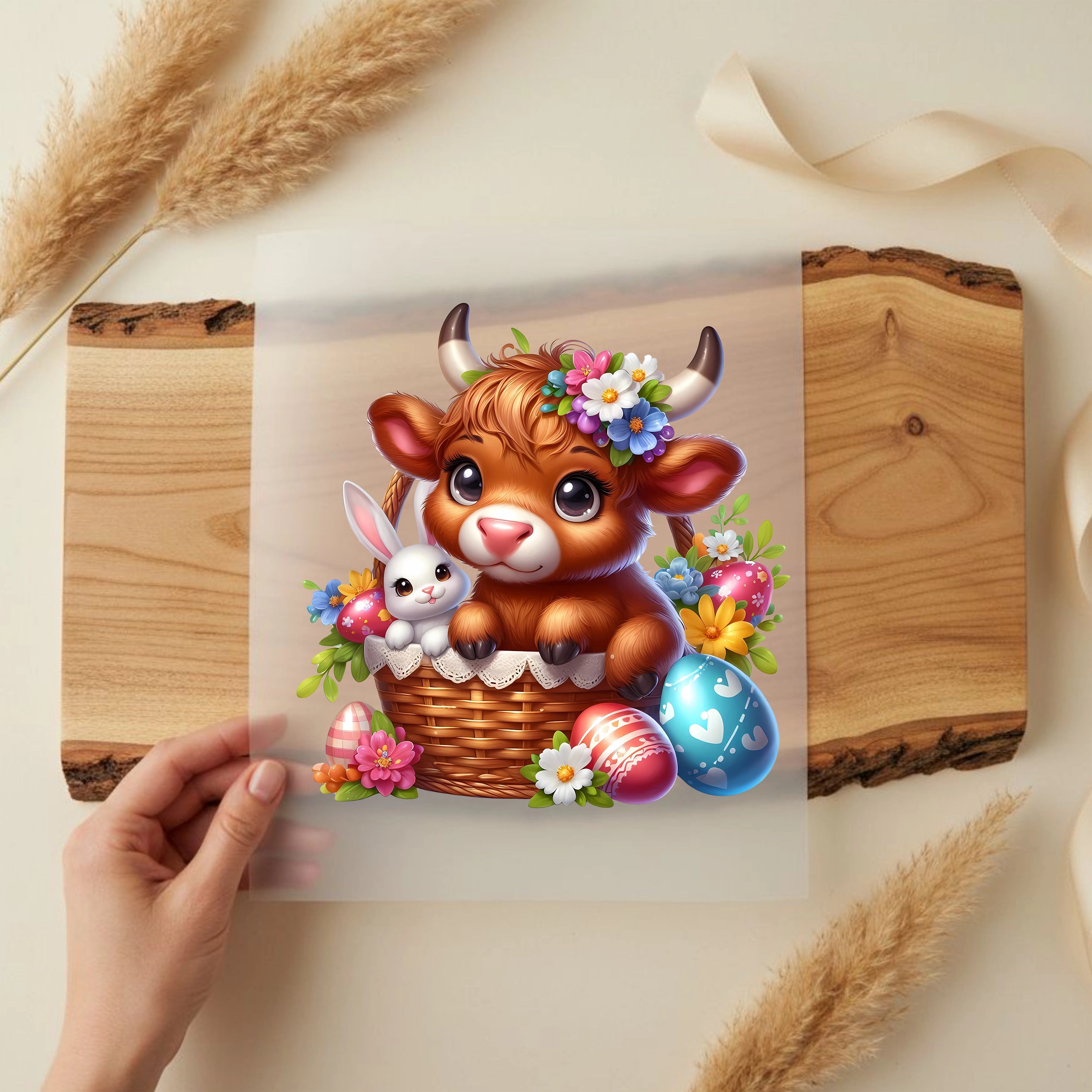 Bügelbild Kuh & Hase im Osterkörbchen