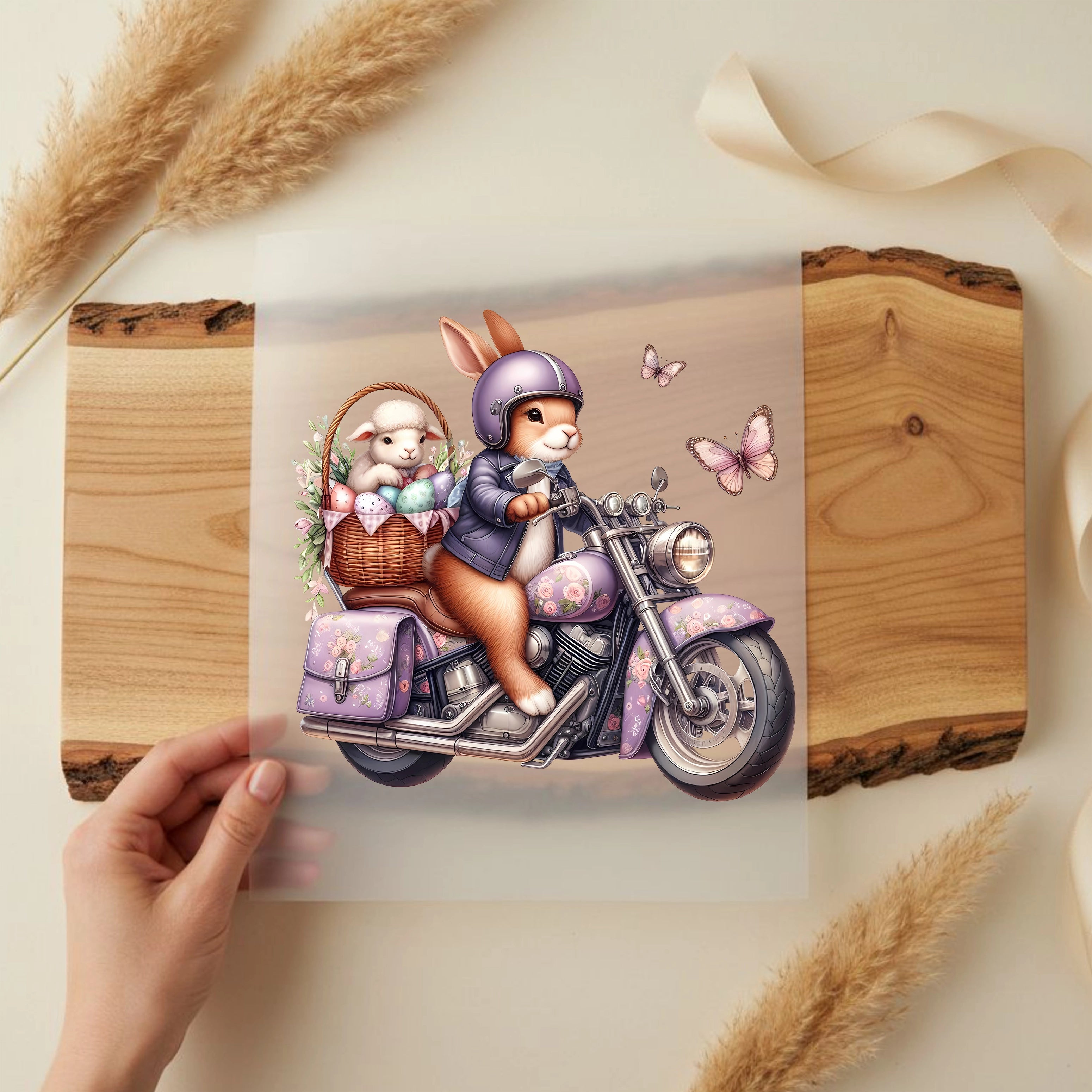 Bügelbild Motorrad Hase Eiertransport