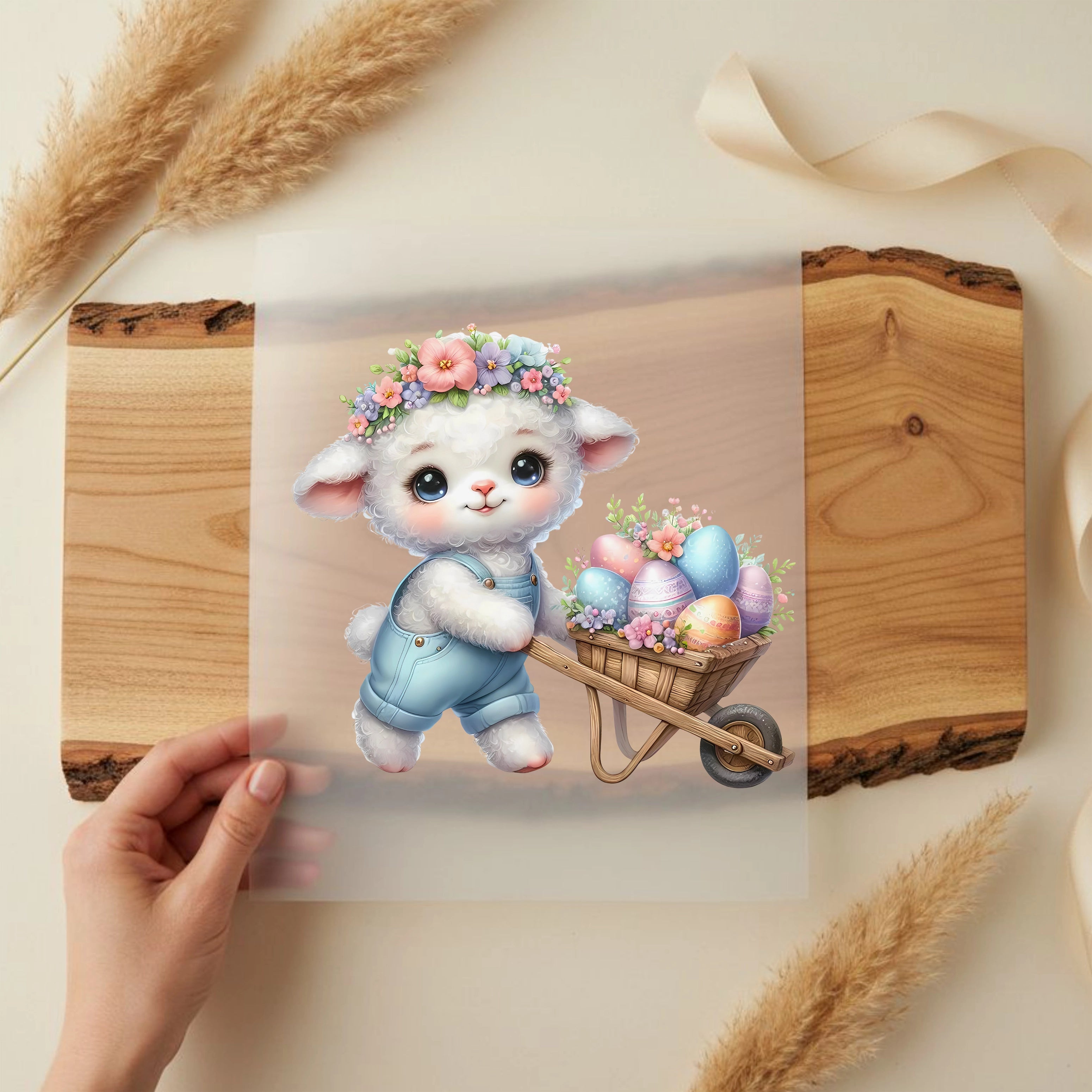 Bügelbild Osterlamm Eiertransport