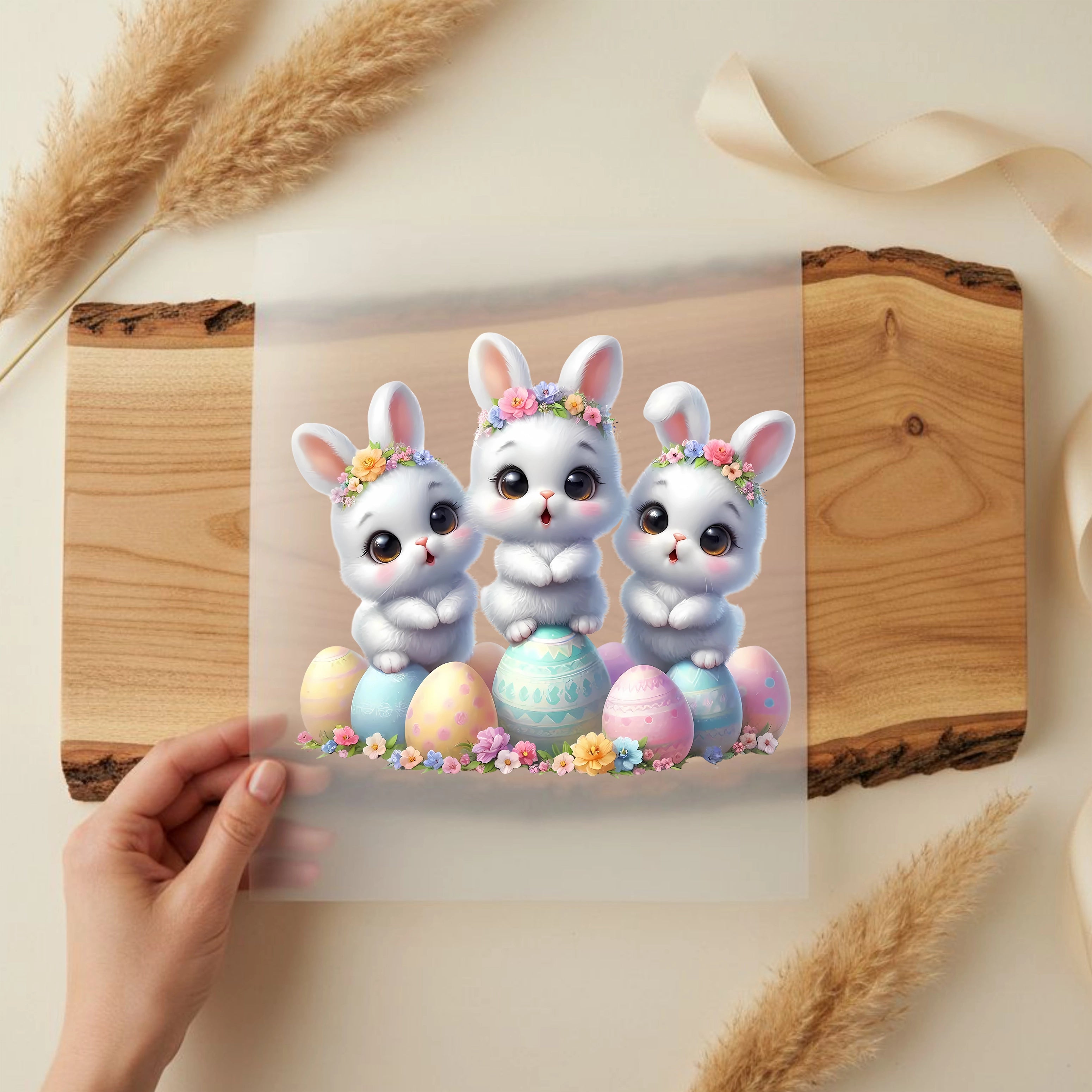 Bügelbild Ostern Hasentrio Frühlingsfreude