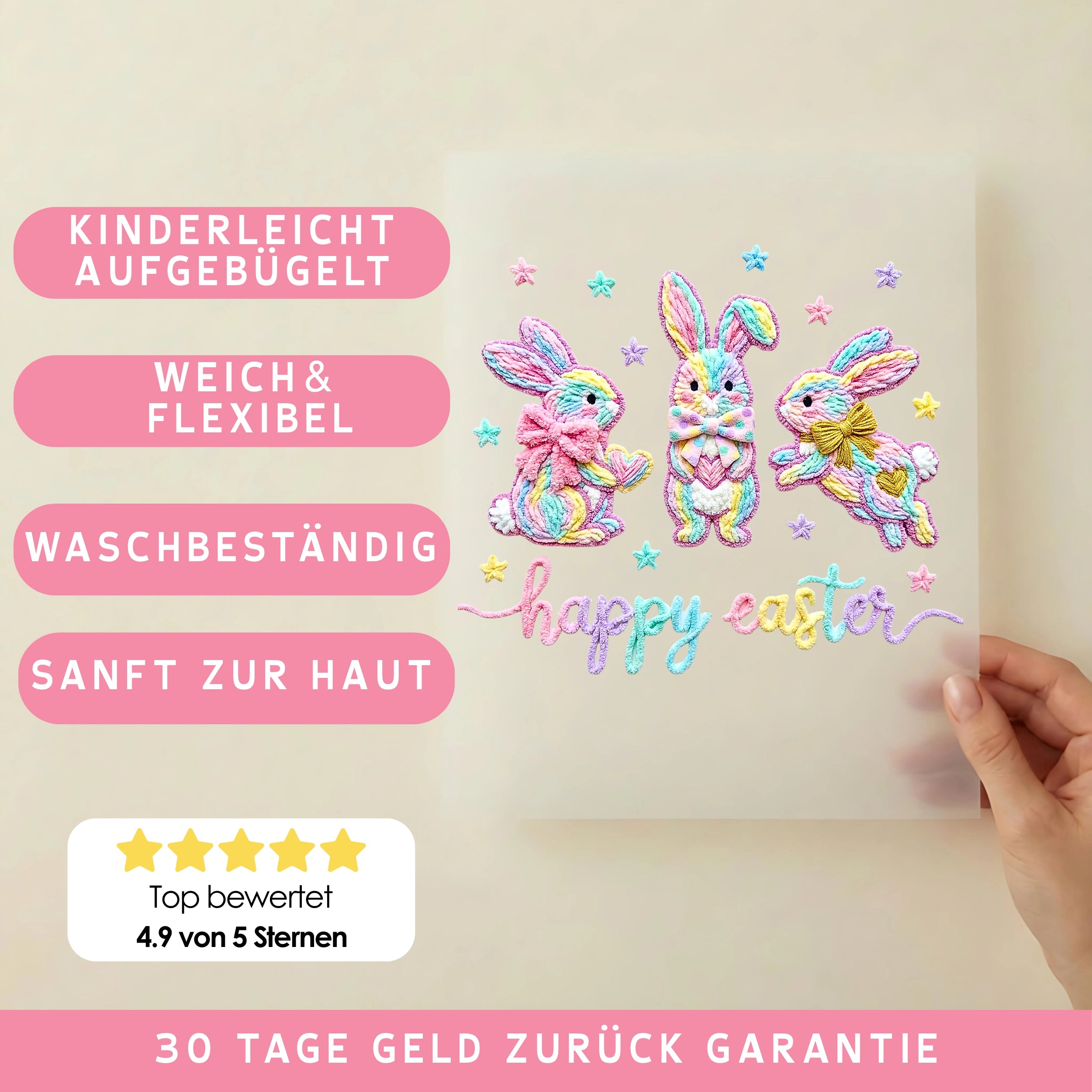 Bügelbild Patchwork Hasen Pastellparade Strickstil