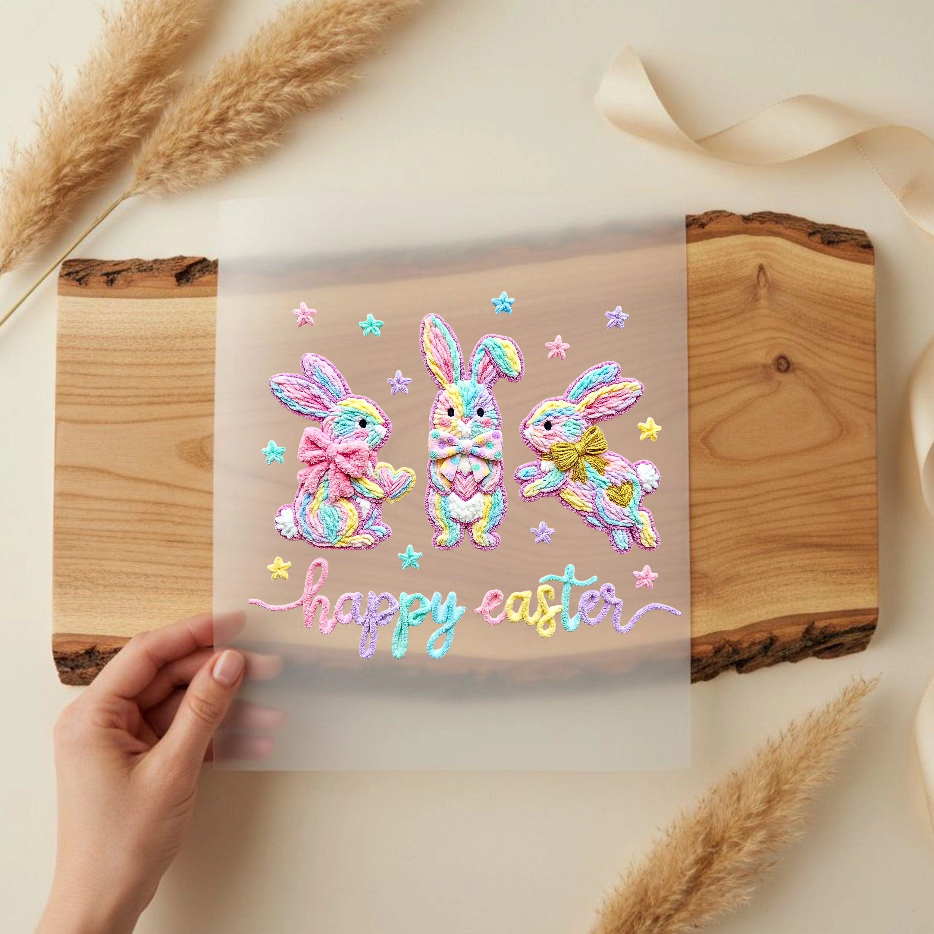 Bügelbild Patchwork Hasen Pastellparade Strickstil
