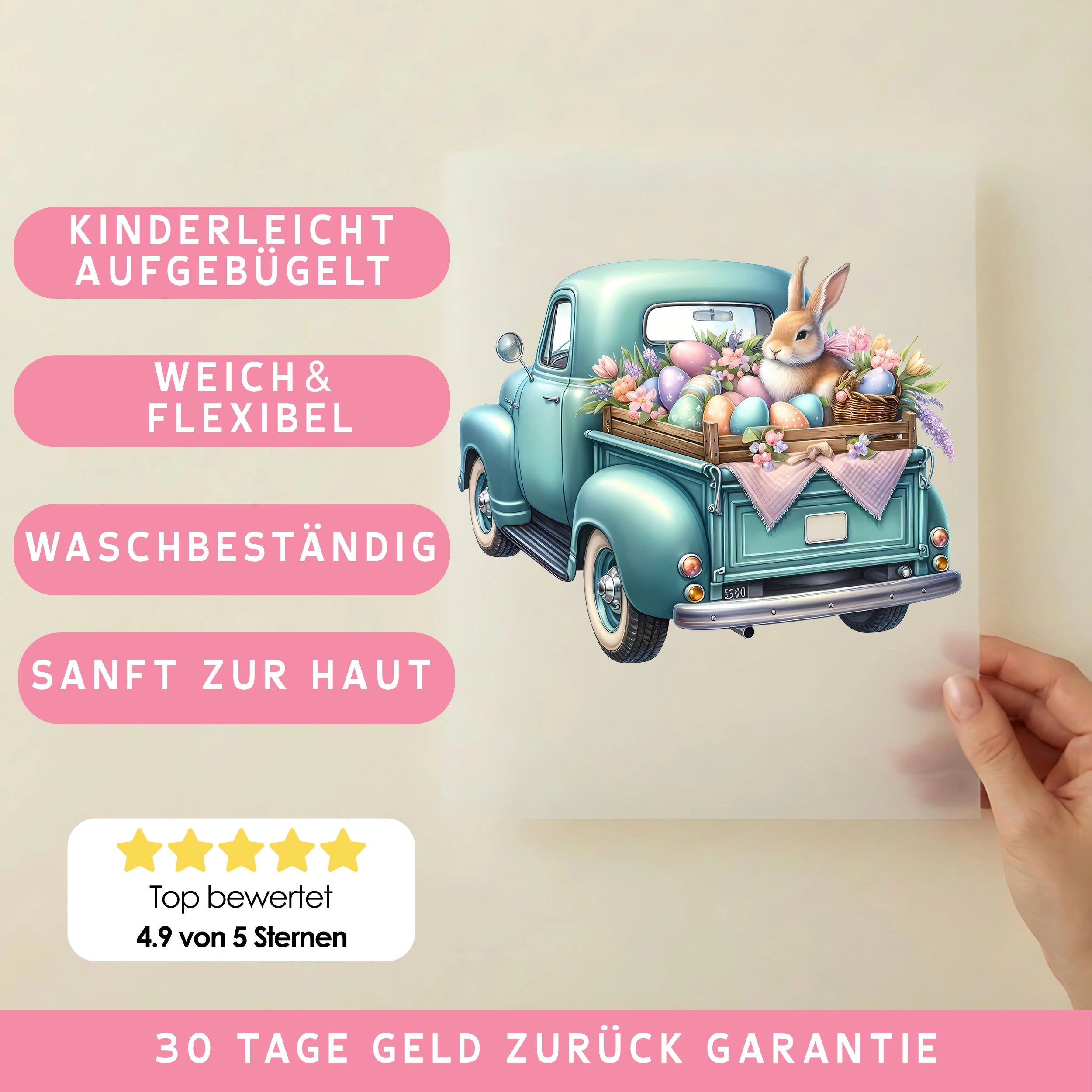 Bügelbild Vintage Pickup Osterhase