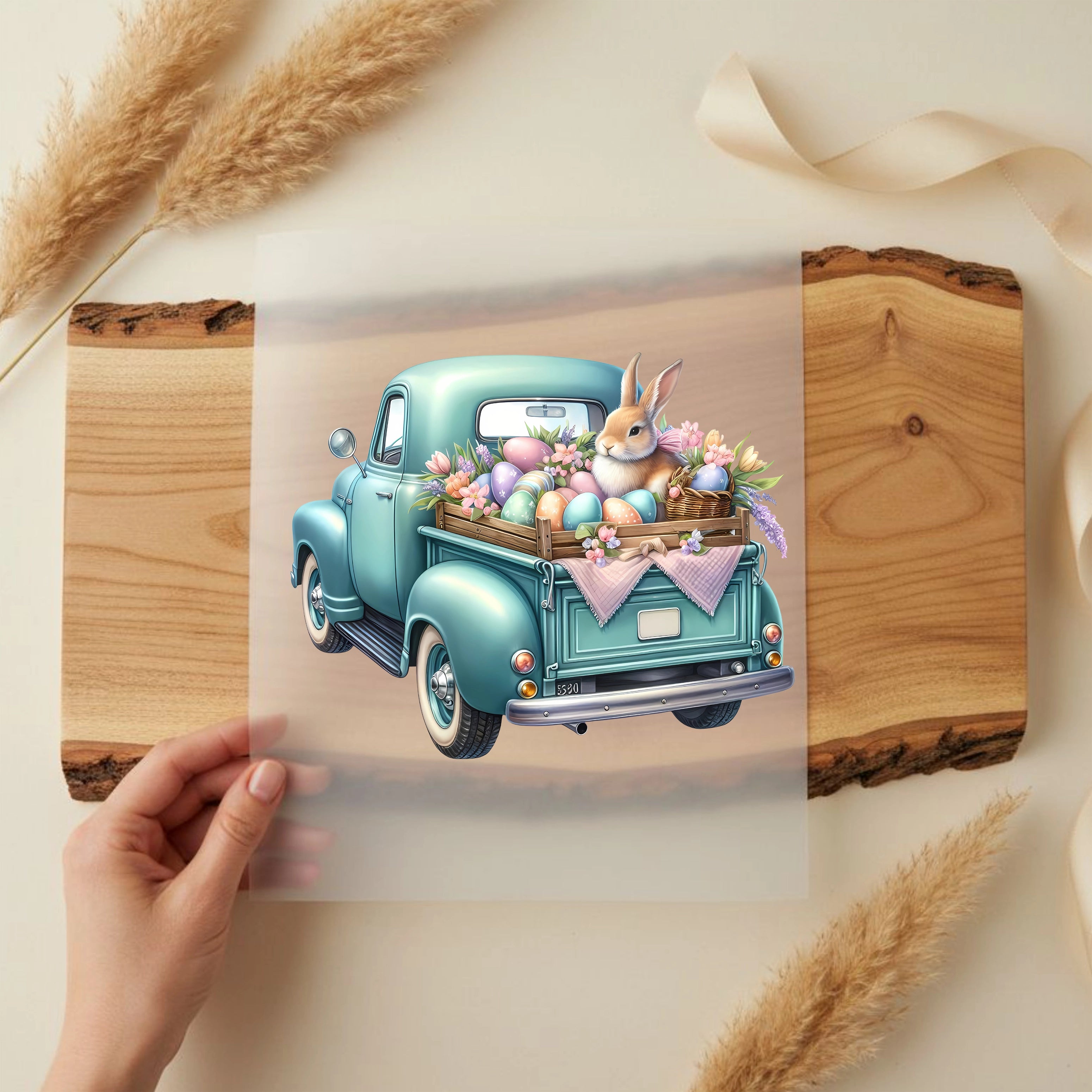Bügelbild Vintage Pickup Osterhase