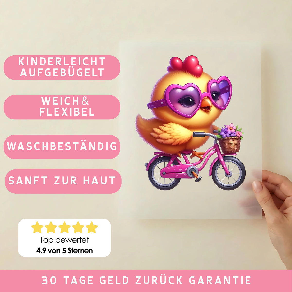 Bügelbild Küken auf Fahrradtour