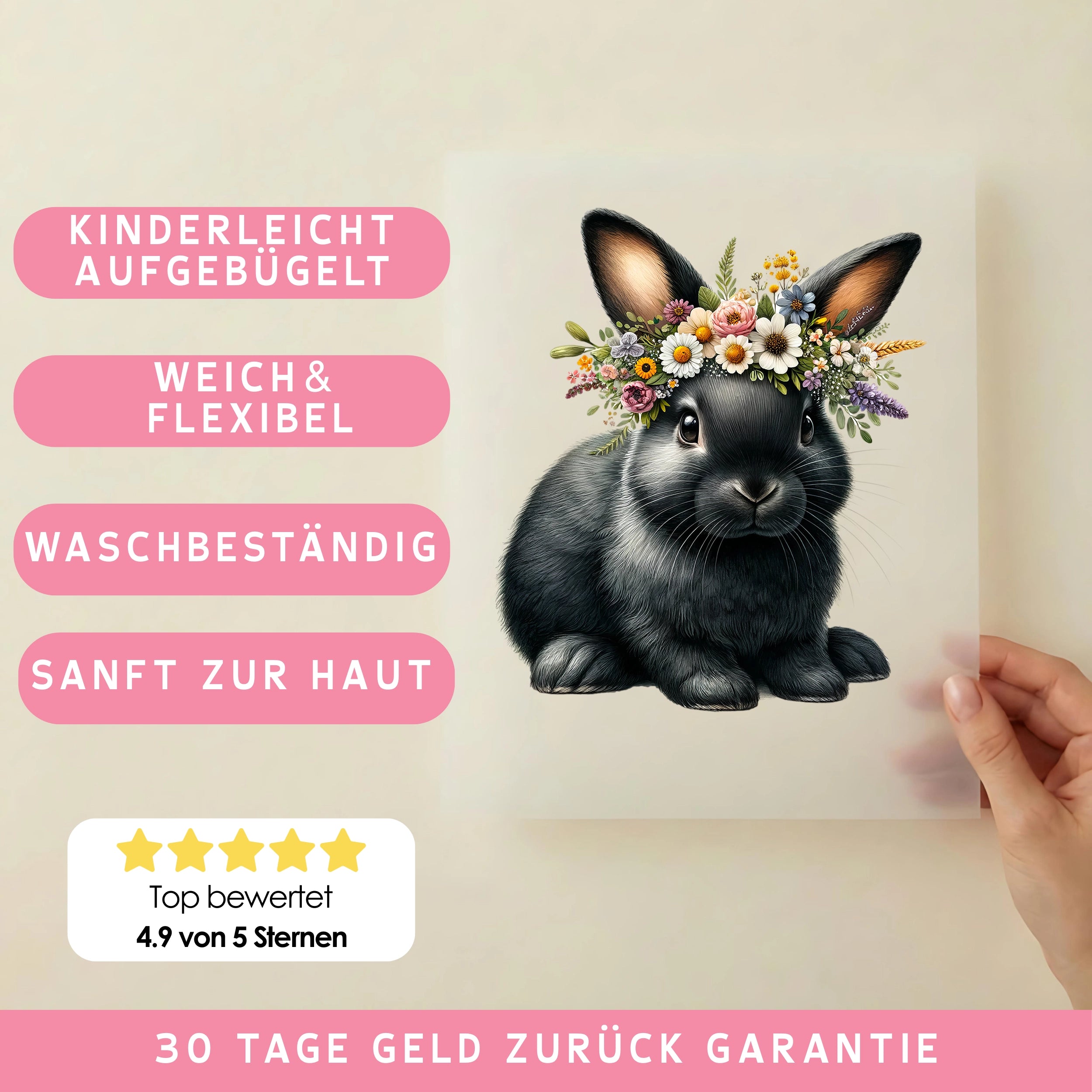 Bügelbild Schwarzer Hase Blumenliebe