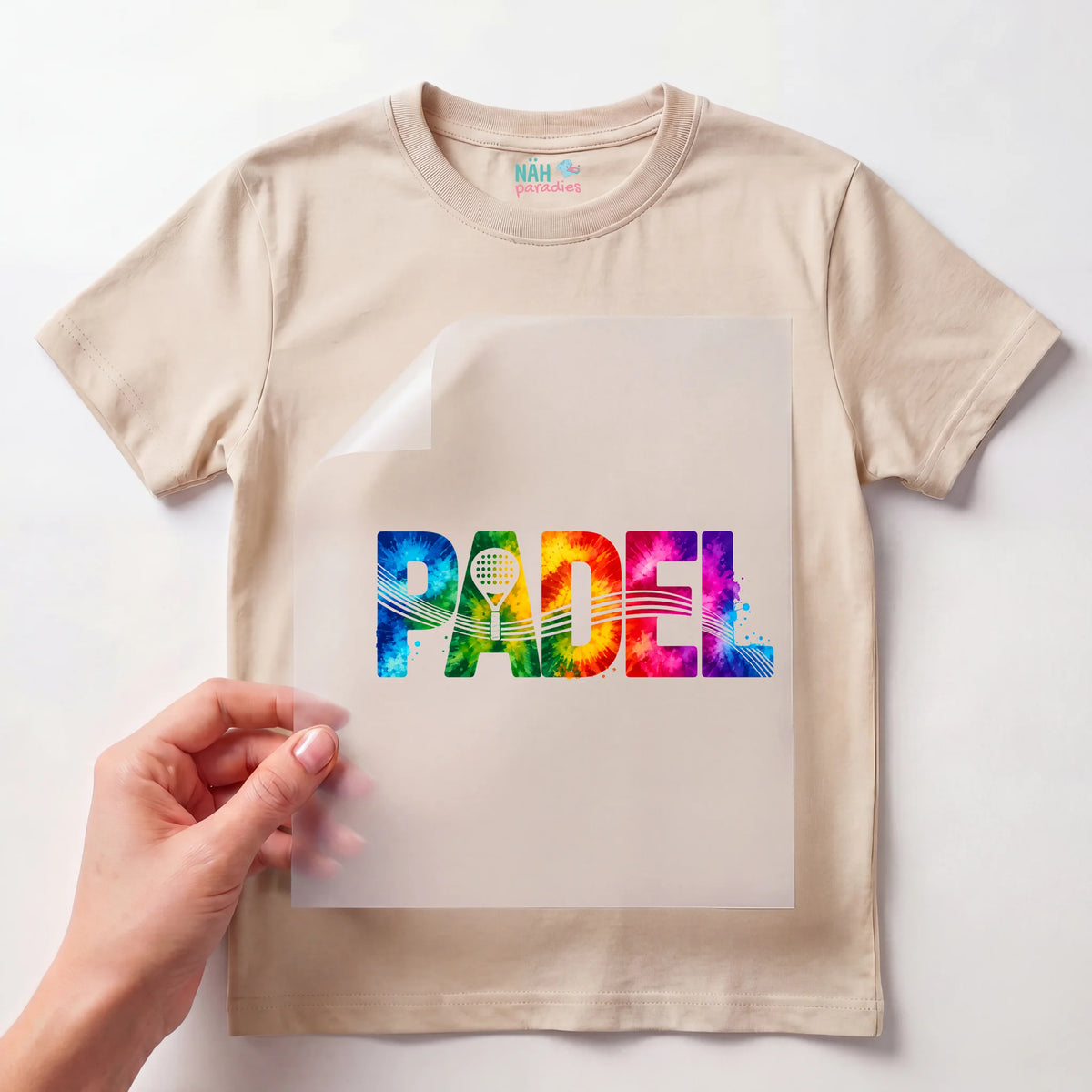 Bügelbild Padel Schriftzug Batik