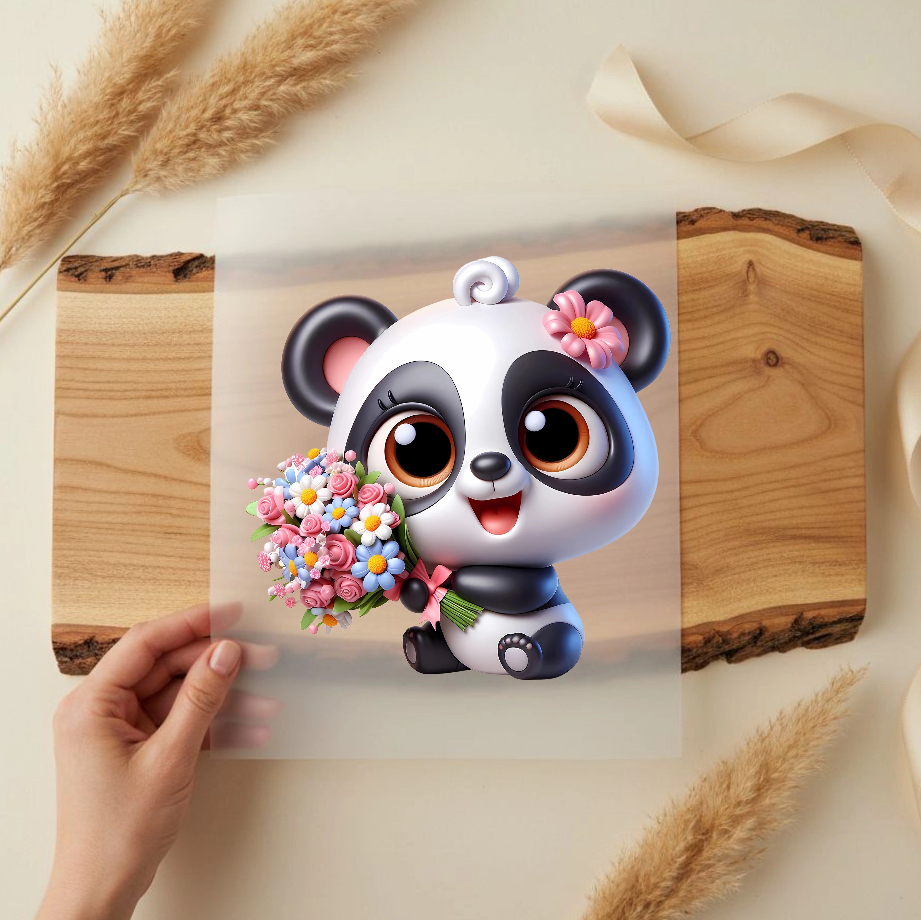 Bügelbild Panda Blütenfreude