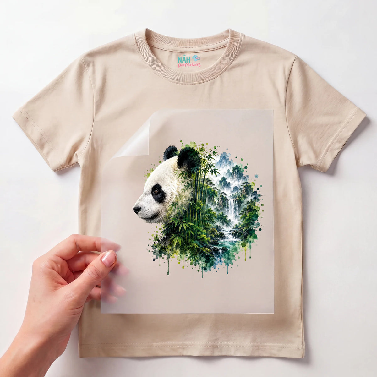Bügelbild Panda Doppelbelichtung Bambuswald