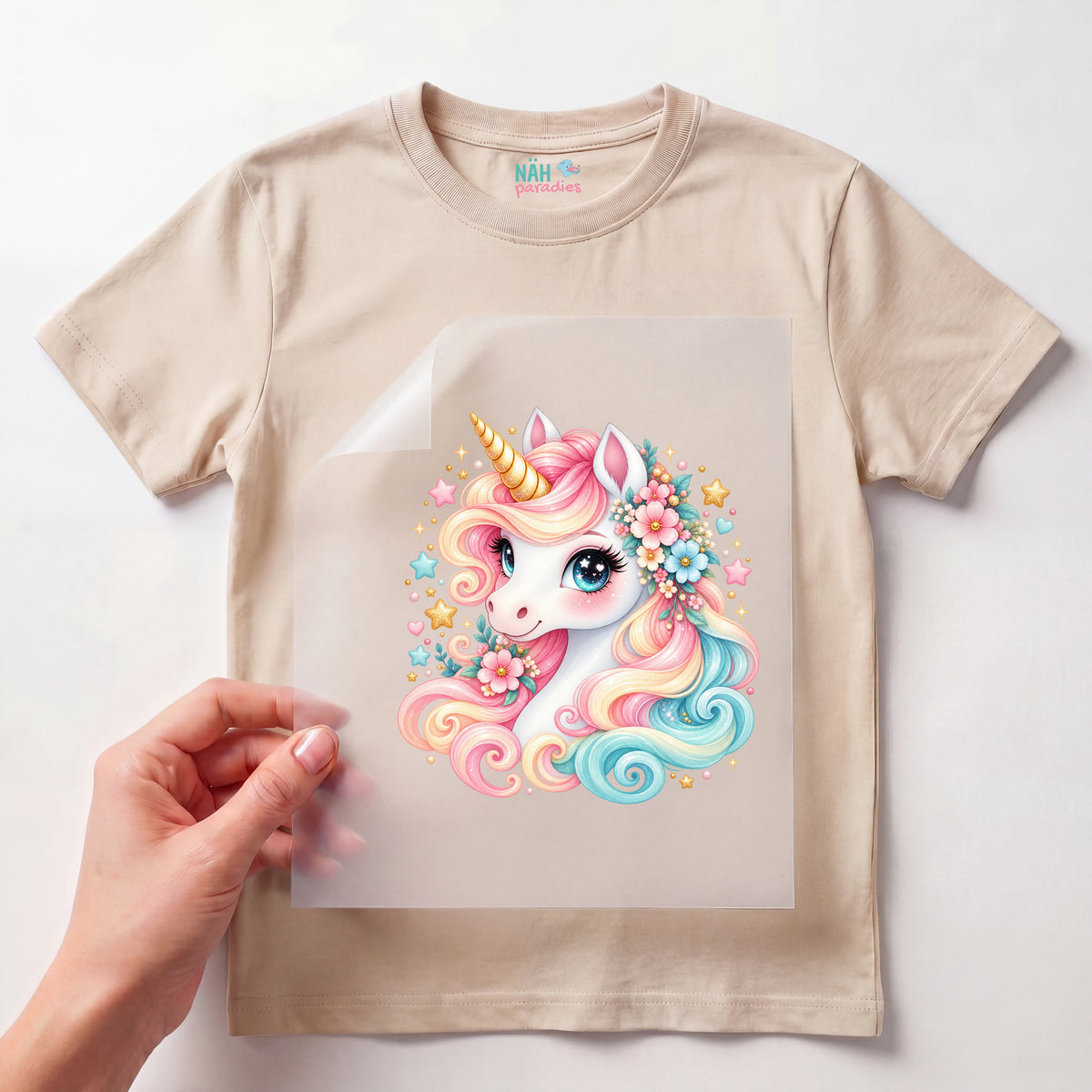 Bügelbild Pastell Einhorn mit Blüten