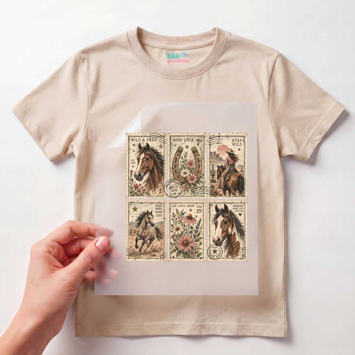 Bügelbild Pferde Briefmarken Vintage