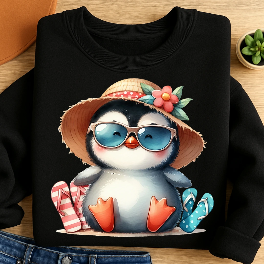 Bügelbild Pinguin Lotti im Urlaub