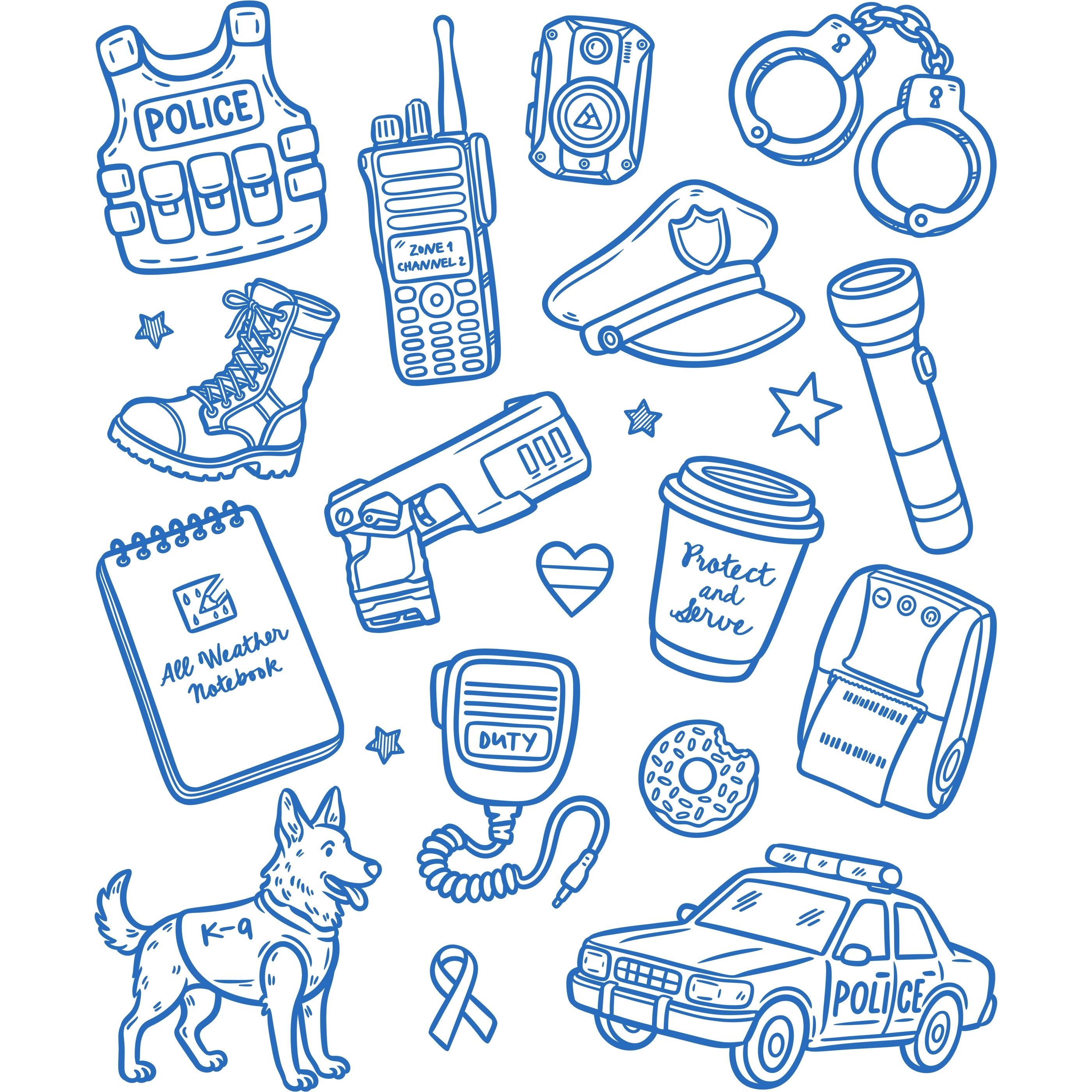 Bügelbild Polizei Equipment Zeichnung