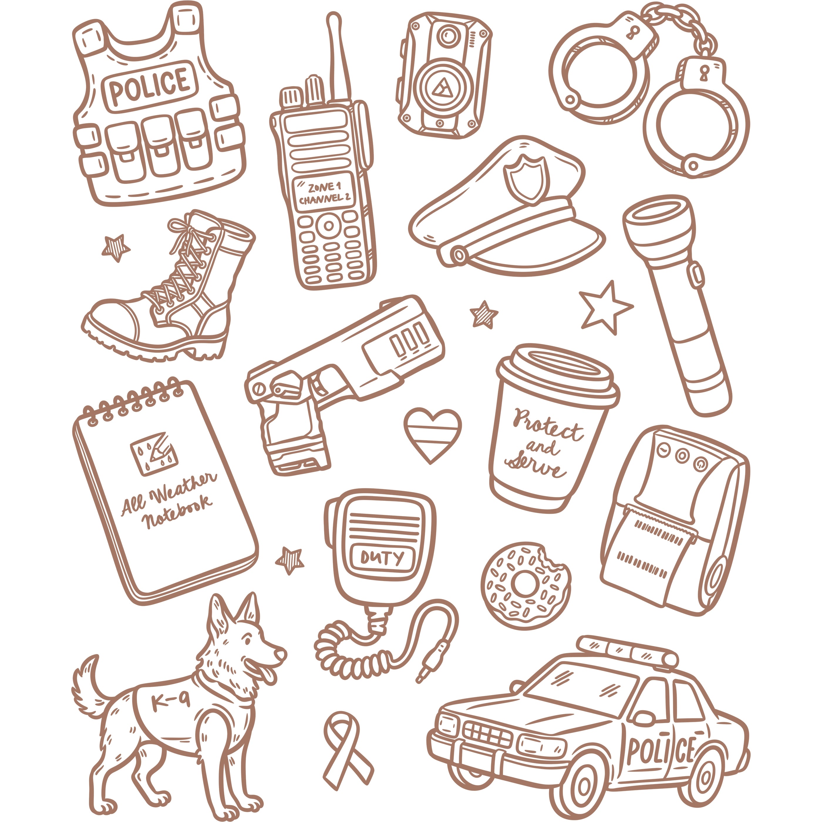 Bügelbild Polizei Equipment Zeichnung