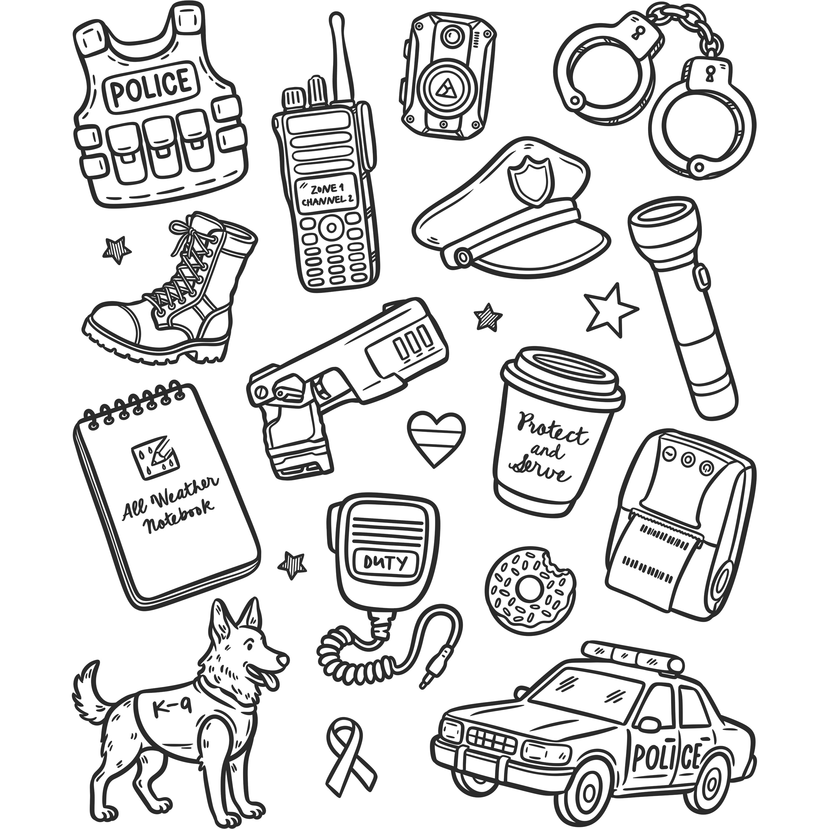 Bügelbild Polizei Equipment Zeichnung