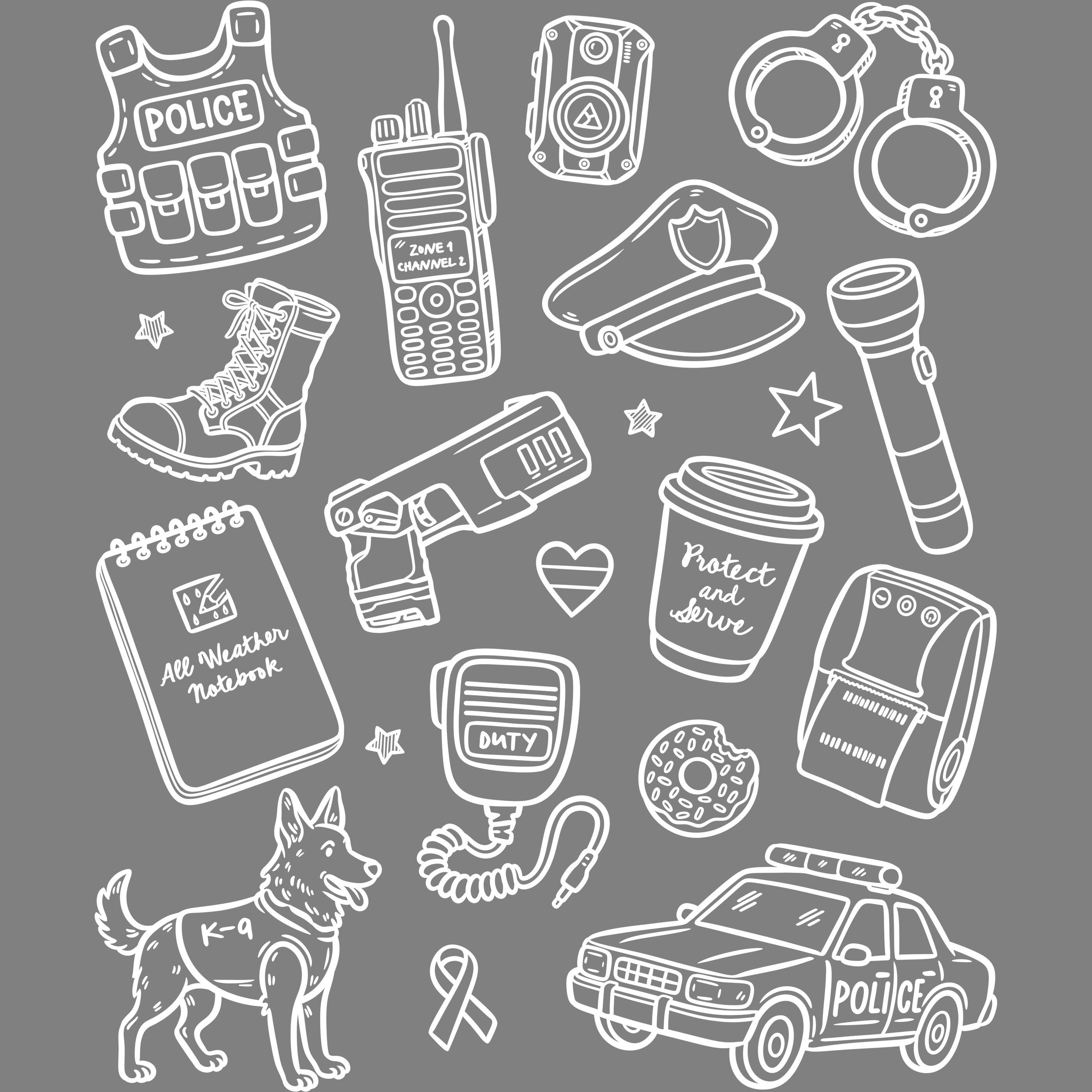 Bügelbild Polizei Equipment Zeichnung
