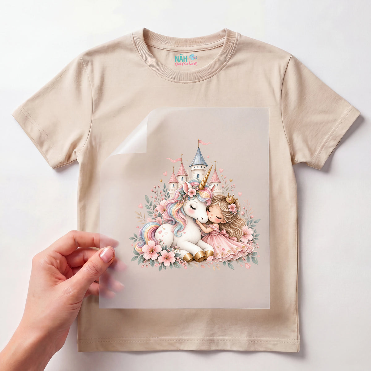 Bügelbild Prinzessin mit Einhorn Schloss
