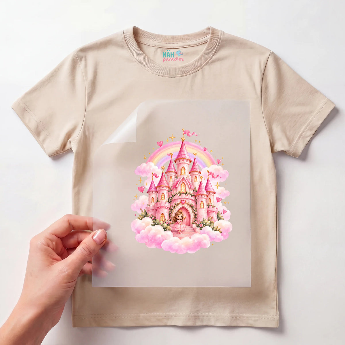 Bügelbild Prinzessinnen Schloss mit Regenbogen Rosa