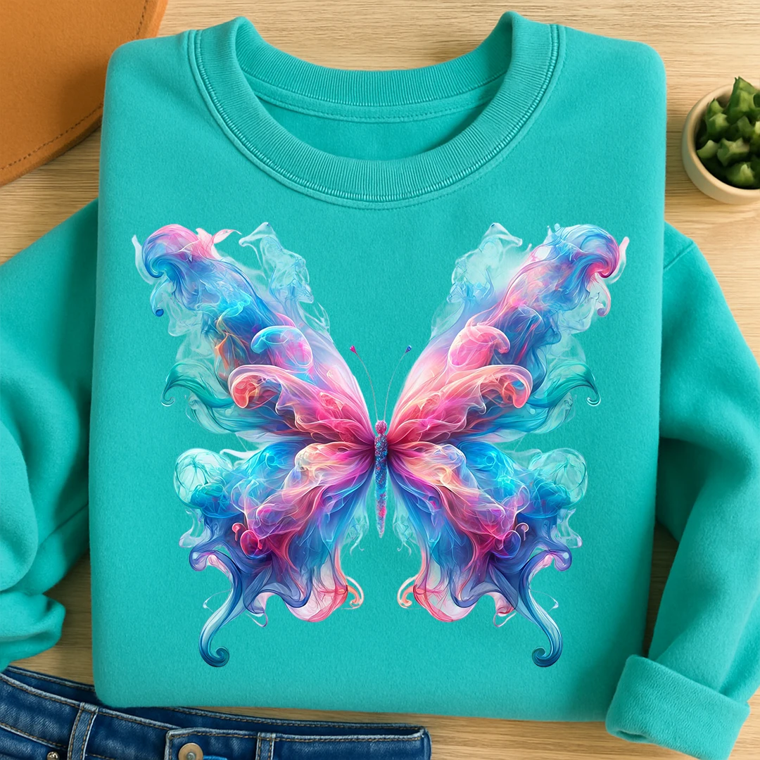 Bügelbild Rauch Schmetterling Blau Pink