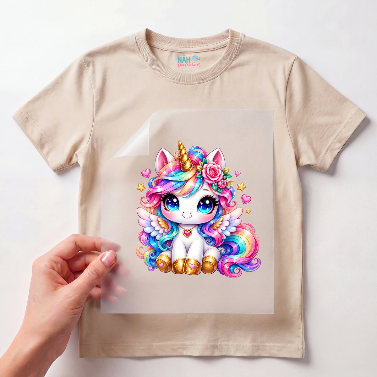 Bügelbild Regenbogen Einhorn mit Herz