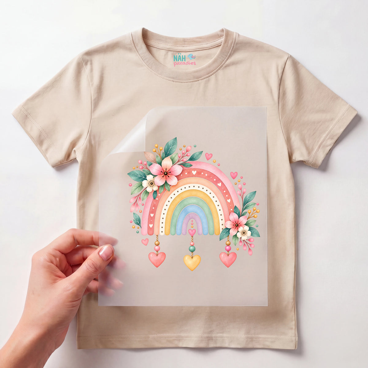 Bügelbild Regenbogen Pastell Herzen