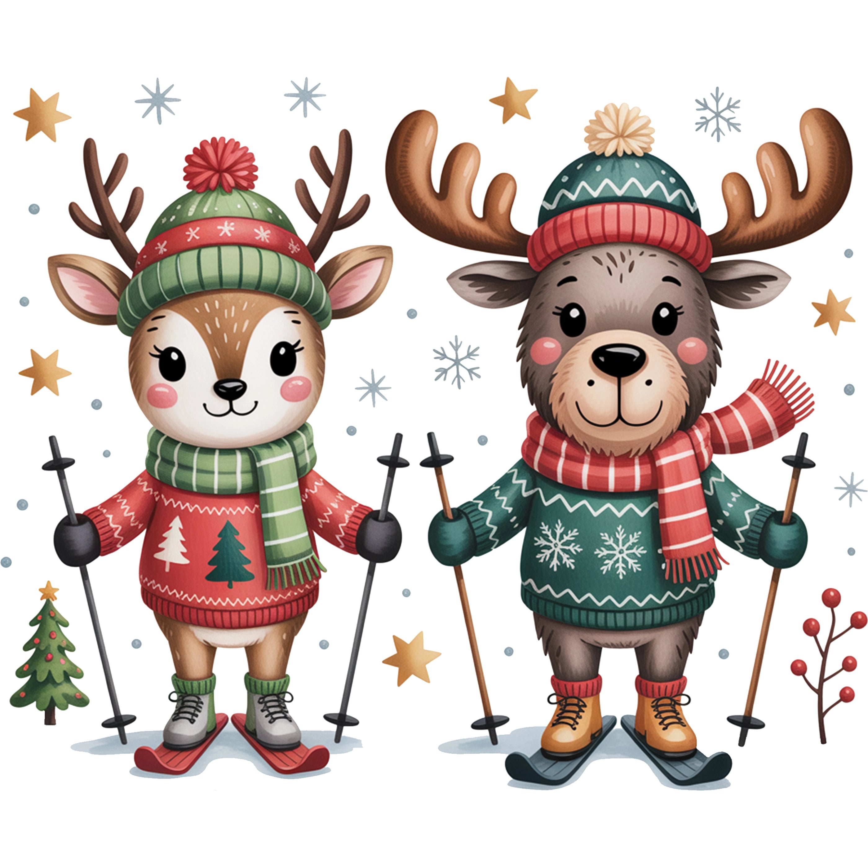 Bügelbild Reh Elch Skiabenteuer