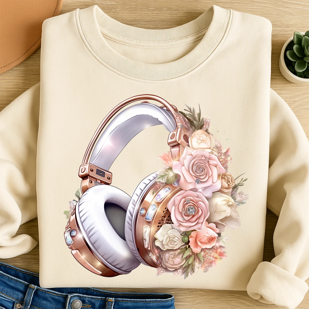 Bügelbild Rosa Blumen Kopfhörer