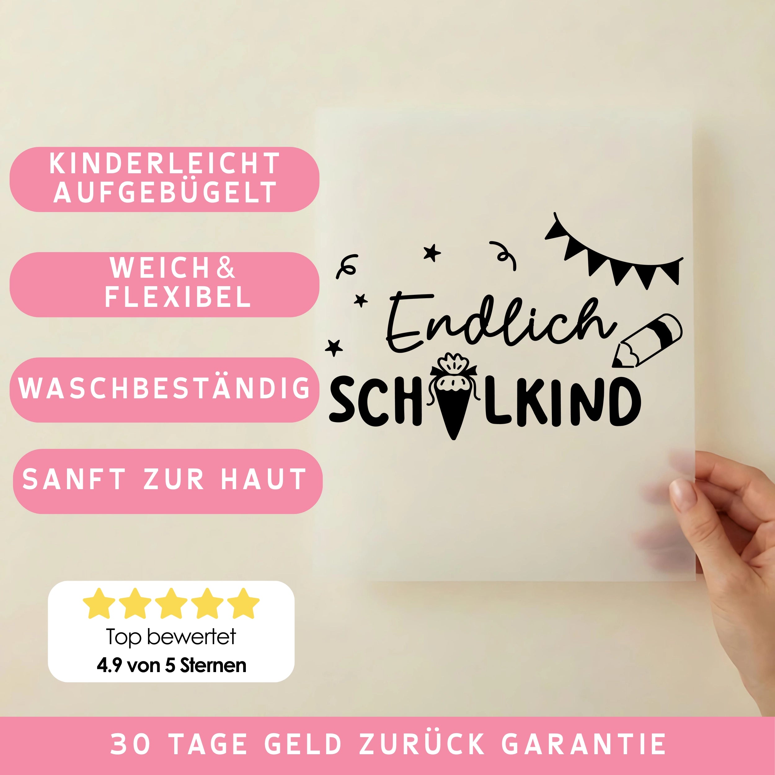 Bügelbild Endlich Schulkind Partywimpel