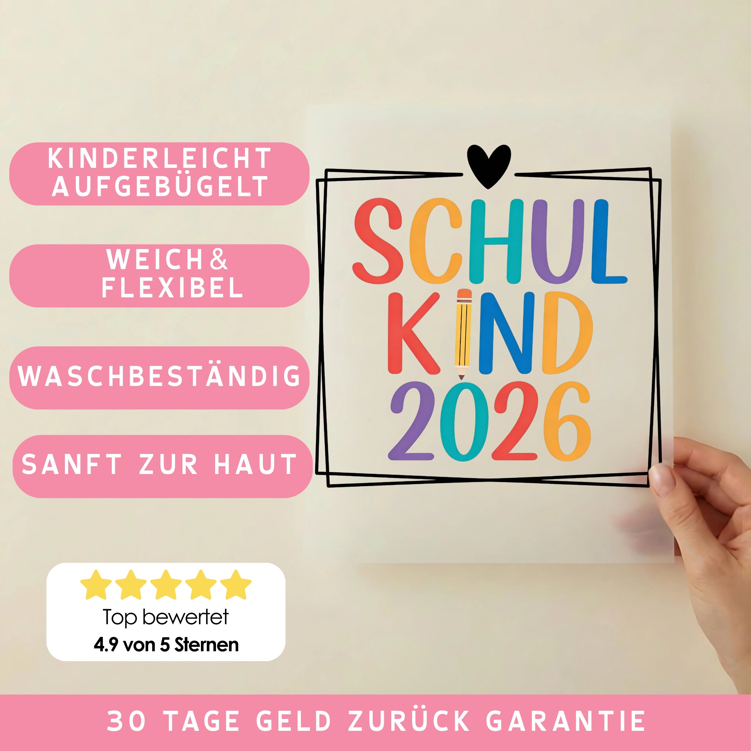 Bügelbild Schulkind 2026 Bunt Quadratisch