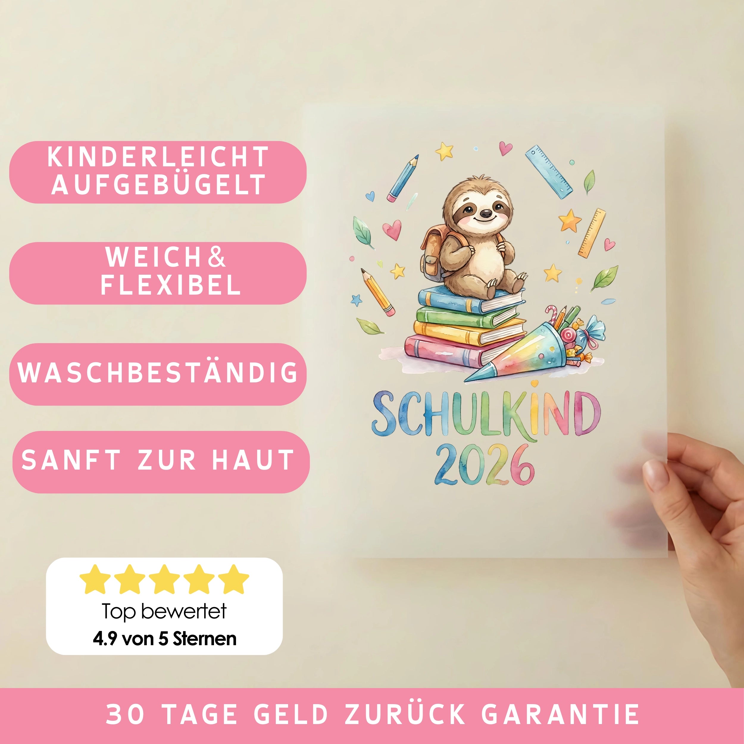 Bügelbild Schulkind 2026 Faultier