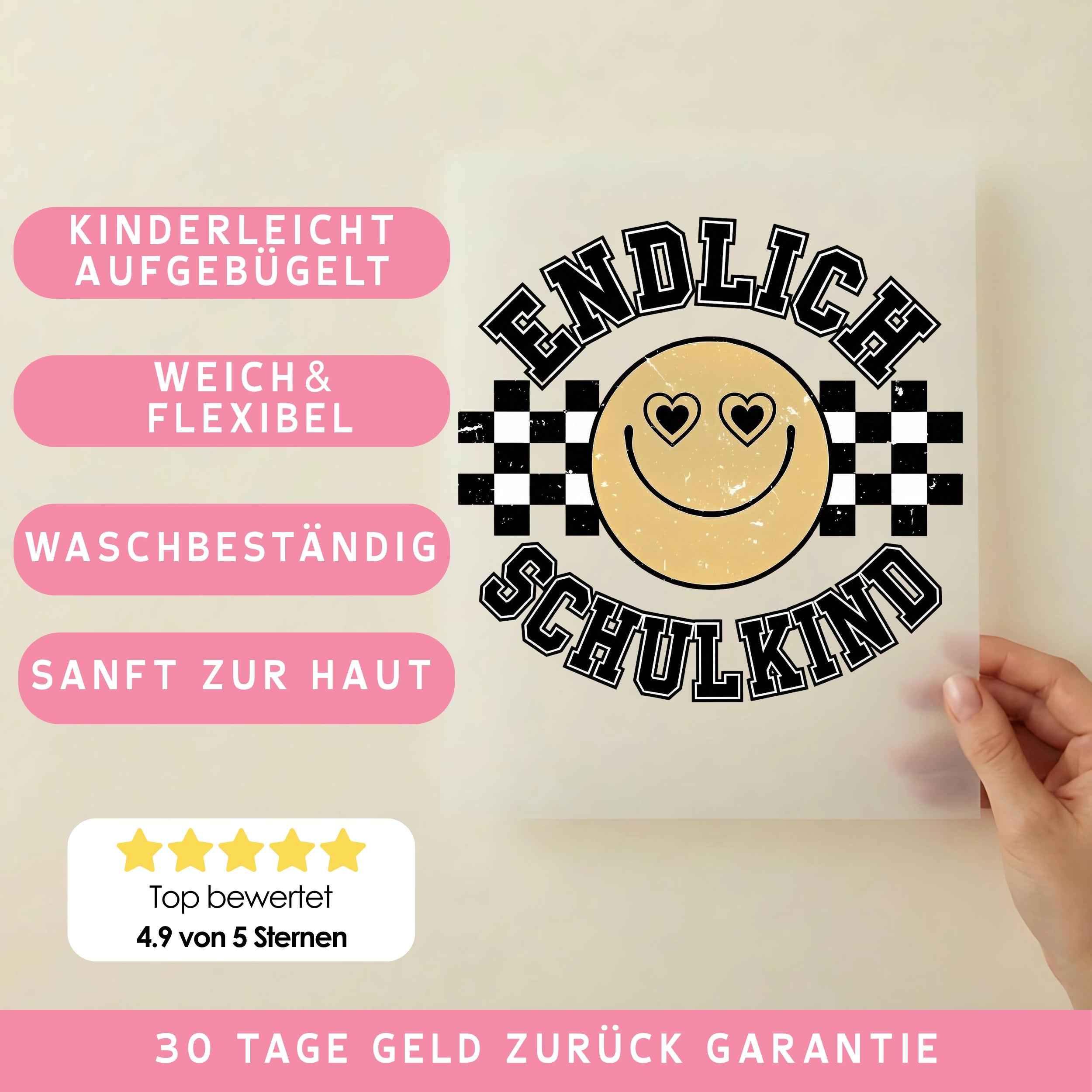 Bügelbild Smiley Herzaugen Schule