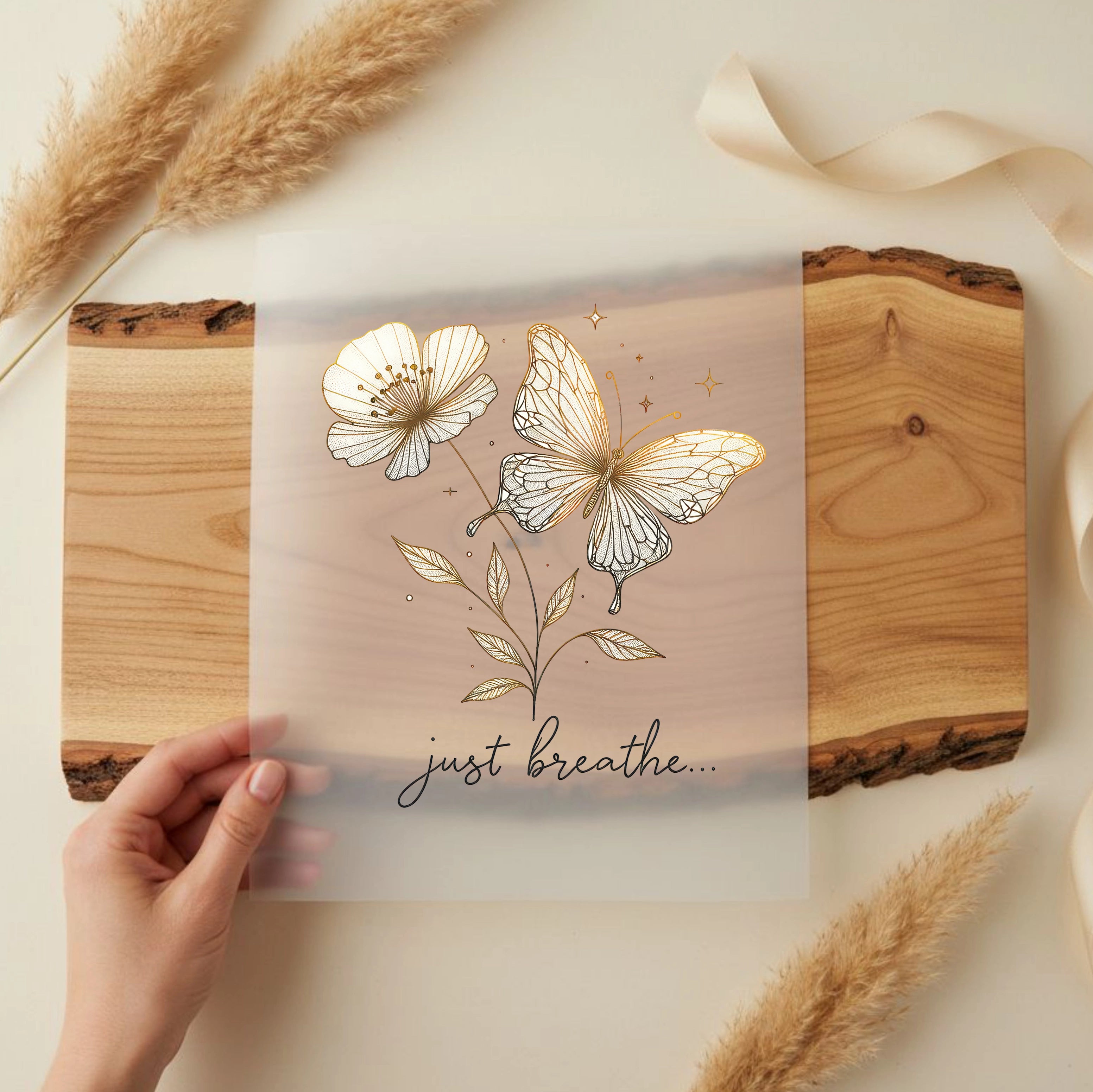 Bügelbild Schmetterling Blume Just Breathe