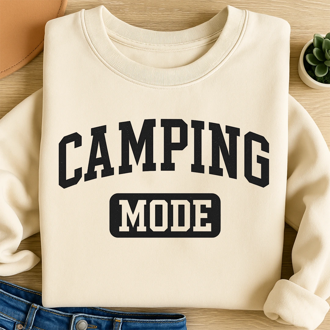 Bügelbild Schriftzug Camping Mode schwarz