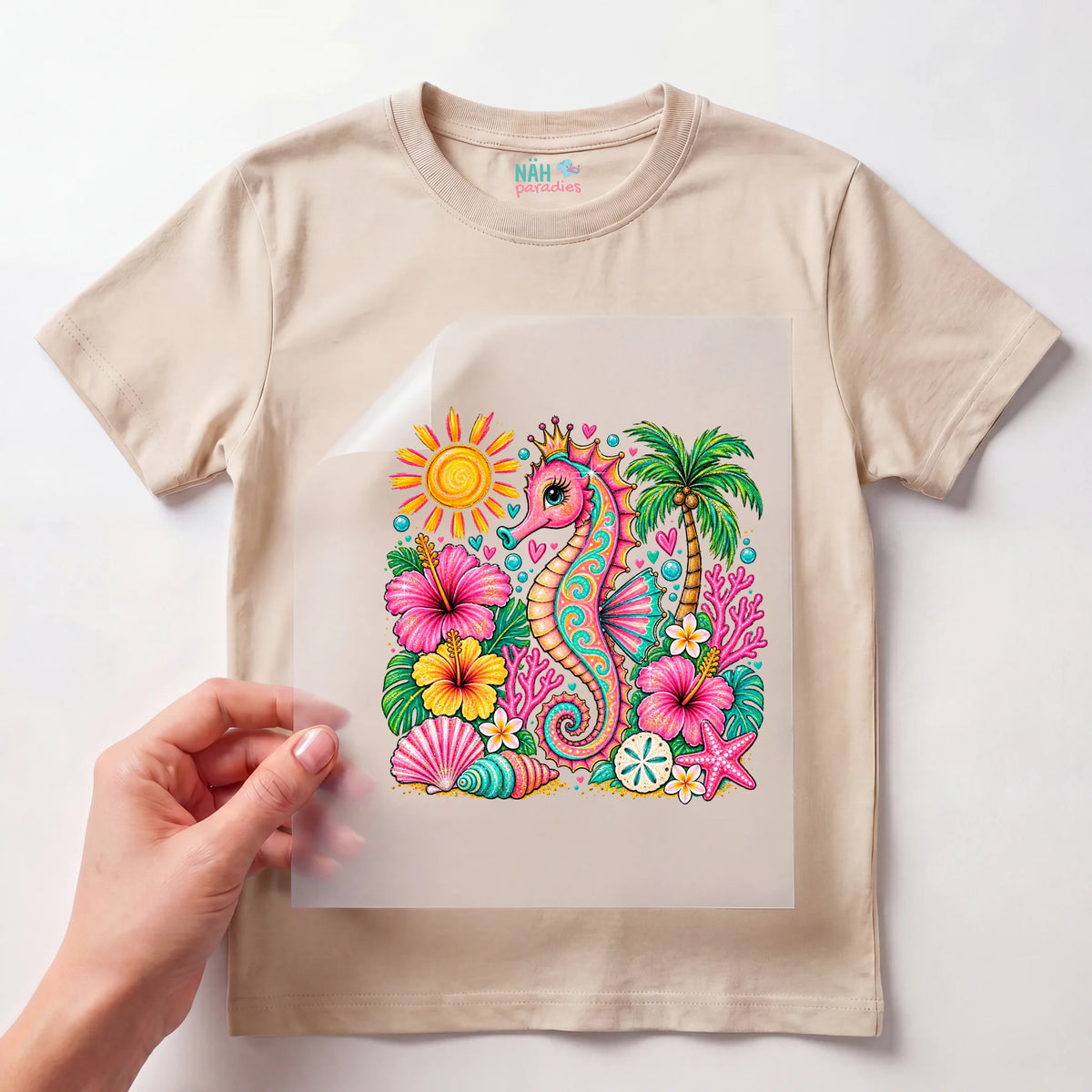Bügelbild Seepferdchen mit Hibiskus und Palmen