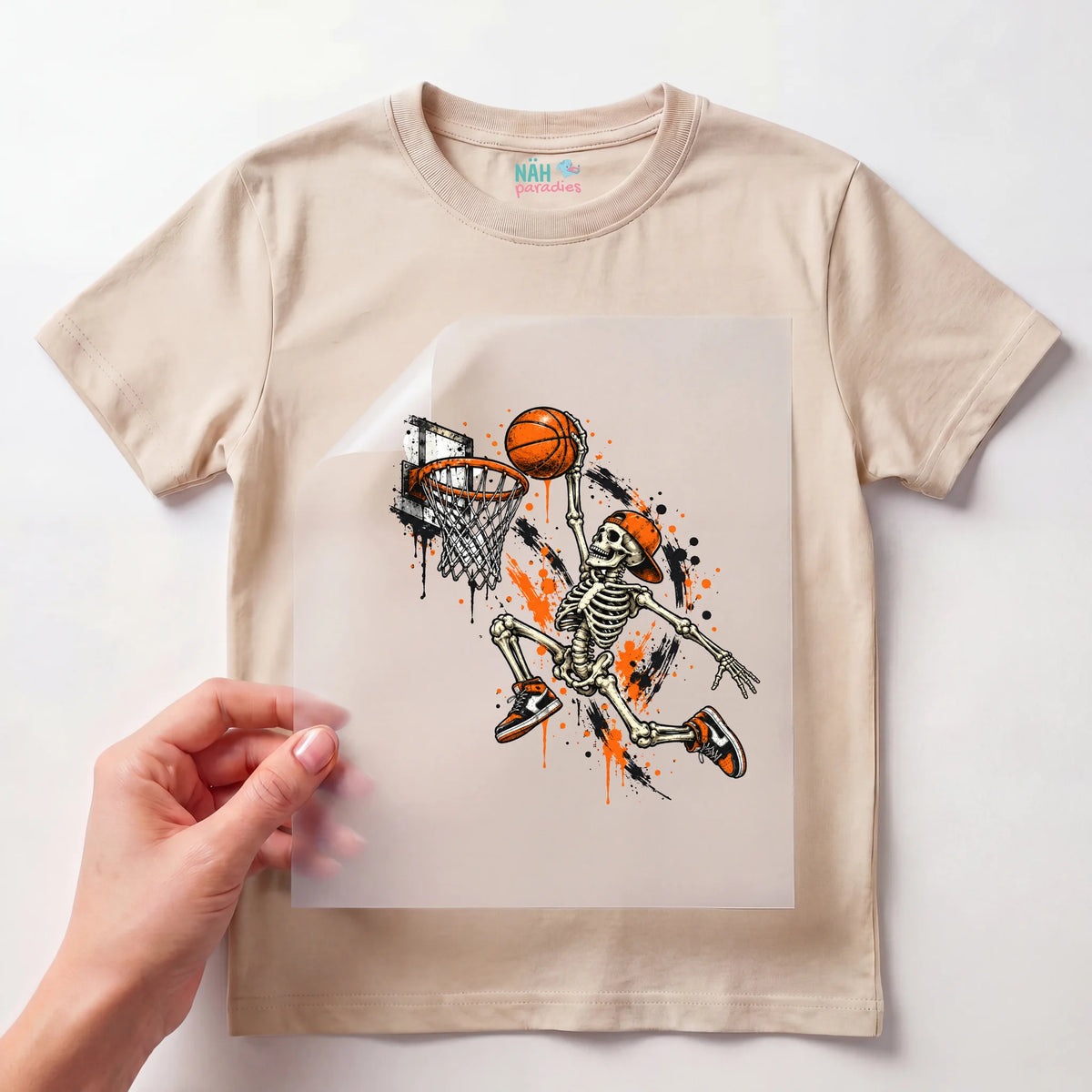Bügelbild Skelett Basketball Dunk