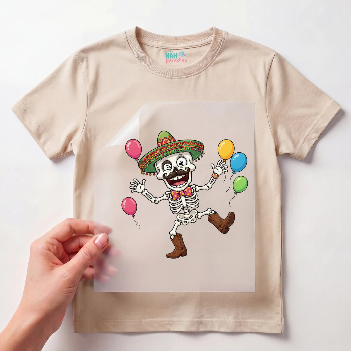 Bügelbild Skelett Sombrero mit Luftballons